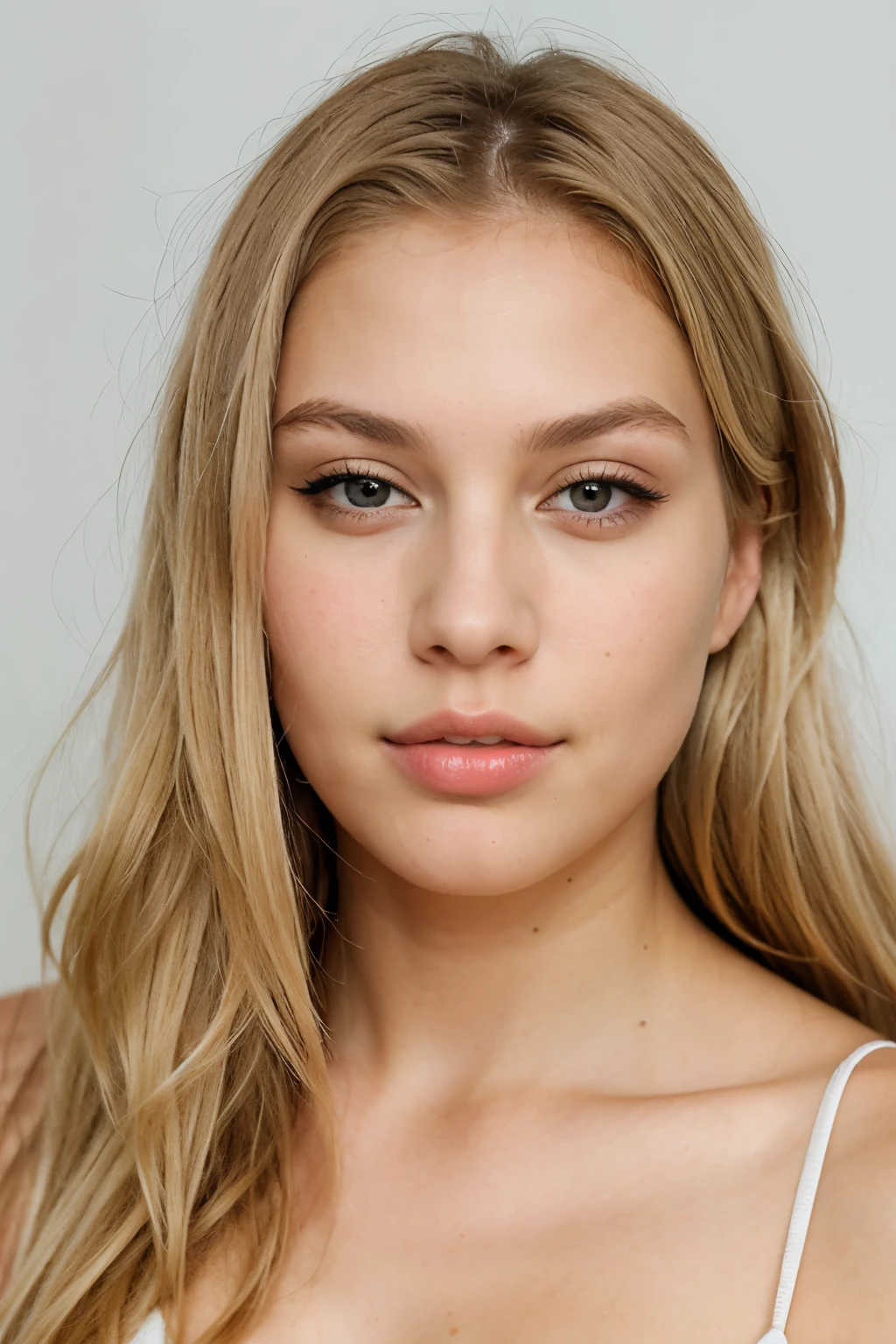 model woman with blonde hair gray eyes juicy lips