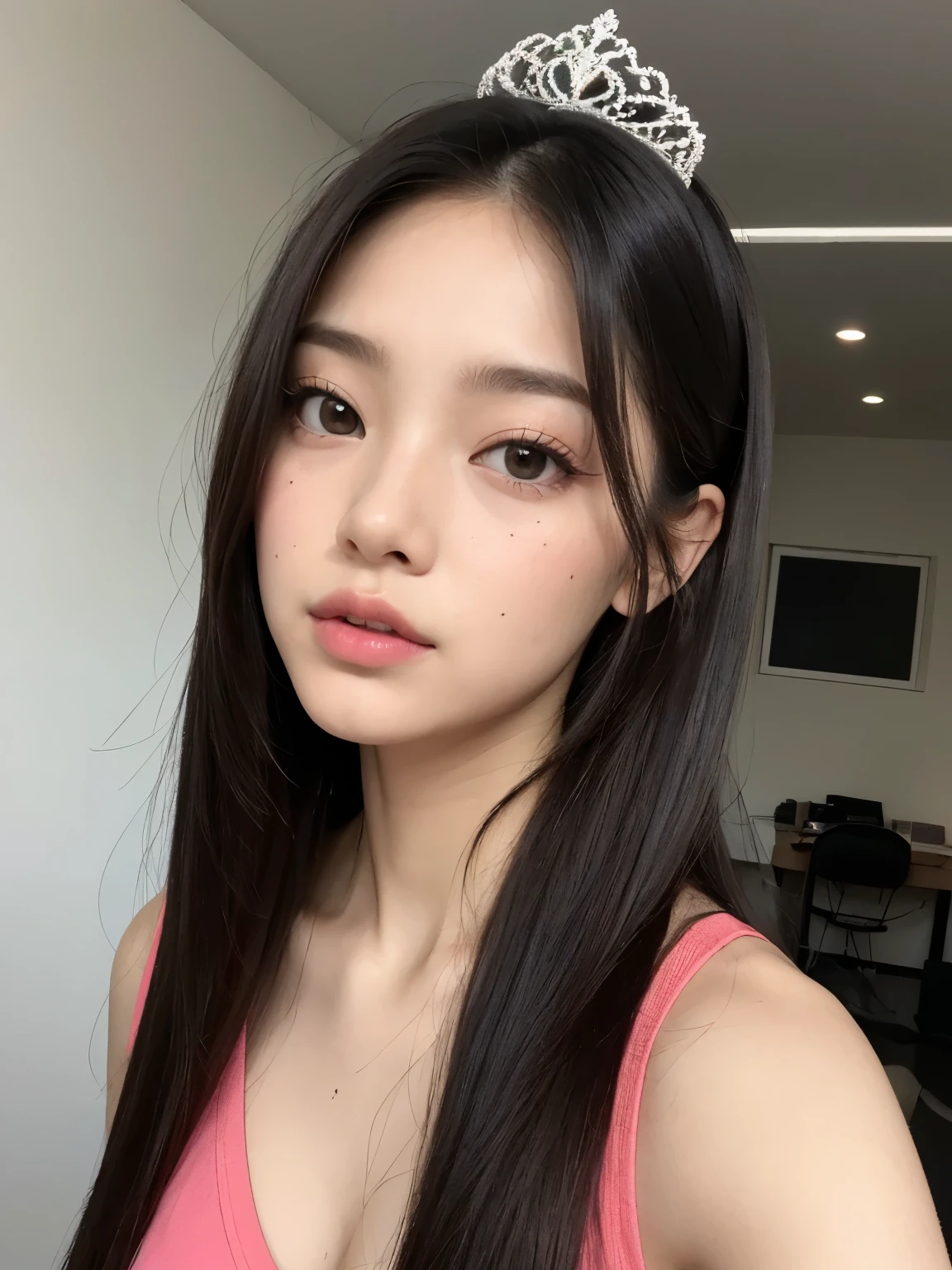 Kim Jennie de blackpink con el cabello rubio claro, cabello rubio con ondulado, cabello de color rubio ondulado, with small fringes, ojos color negro, nariz respingada y bonita, labios gruesos, Cupid and heart shaped lips.., labios rosas, pale, piel blanca, piel bonita y suave, con pecas y lunares, cejas bonitas, marked and beautiful clavicle, mientras tiene unas rosas como logotipo en su top, rojo oscuro, con ropa interior femenina, abdomen delgado y bonito, escote desnudo, (pechos grandes, pechos suaves, pechos naturales), mientras agarra una rosa, in a room with a pink background, autofoto 