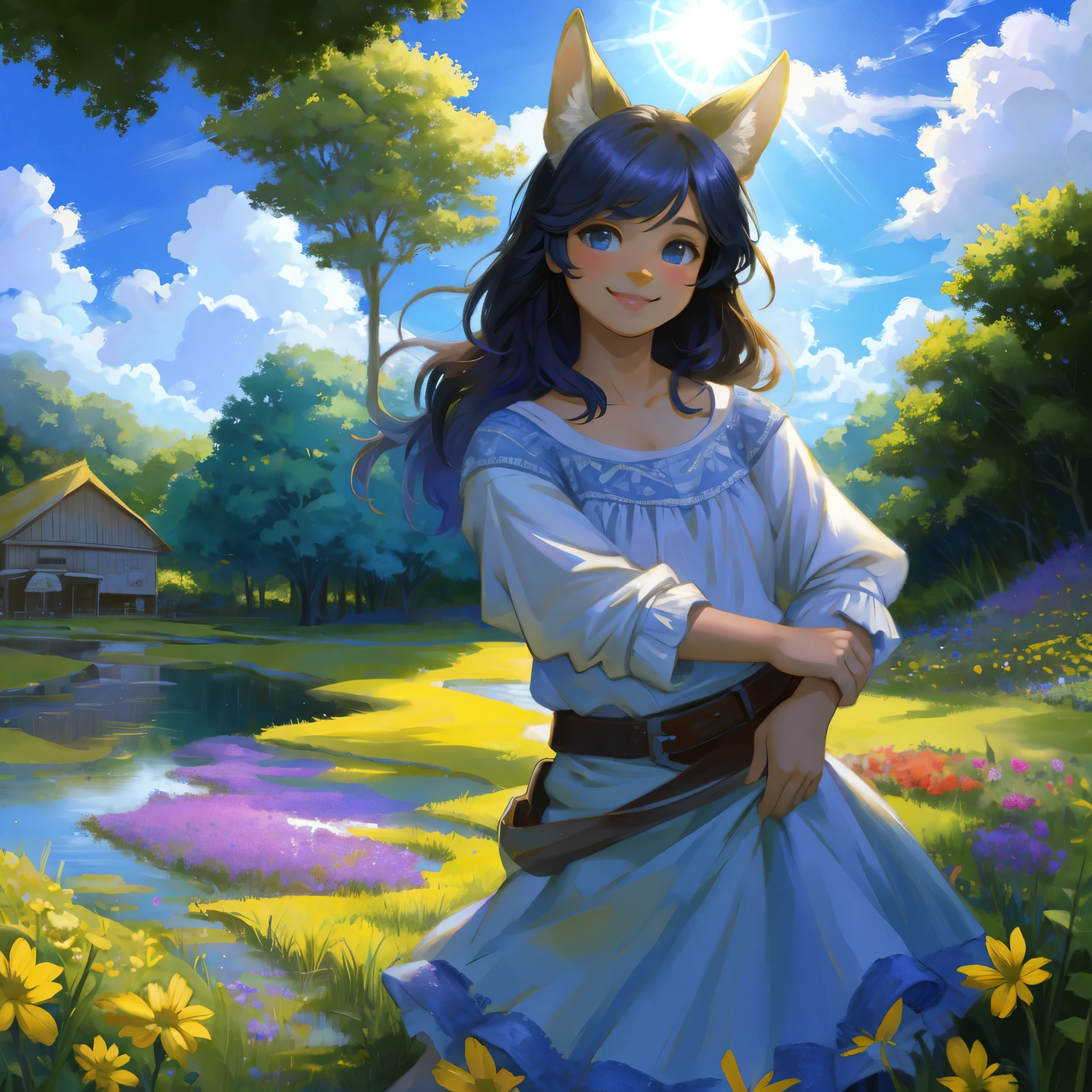 top quality, highres, High-quality illustrations, unparalleled masterpiece(movie of life)nature inspired imagery, rendered in maya, romanticized views, lively illustrations, hyper realistic, whimsical cartoonish, farm, Blue sky, clouds, florals Beautiful garden(furry anthro, solo, girl, casual fashion, Relux pose, Smile)absurdres, perfect anatomy, caustics, cinematic lighting, lens flare, deep shadow, dynamic angle,