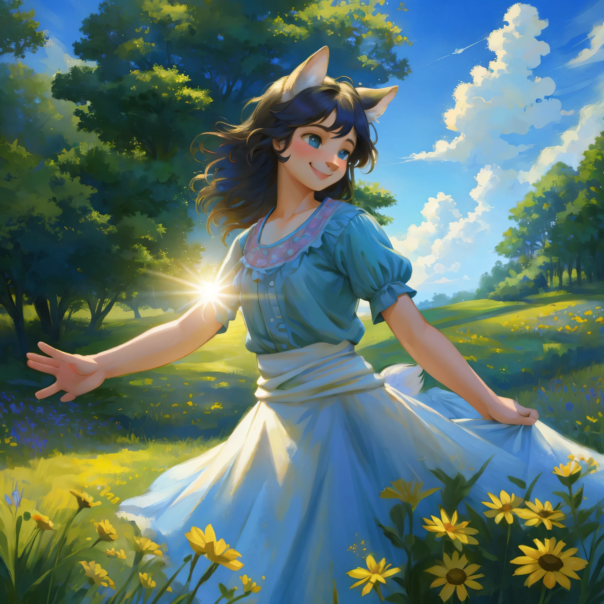 top quality, highres, High-quality illustrations, unparalleled masterpiece(movie of life)nature inspired imagery, rendered in maya, romanticized views, lively illustrations, hyper realistic, whimsical cartoonish, farm, Blue sky, clouds, florals Beautiful garden(furry anthro, solo, girl, casual fashion, Relux pose, Smile)absurdres, perfect anatomy, caustics, cinematic lighting, lens flare, deep shadow, dynamic angle,