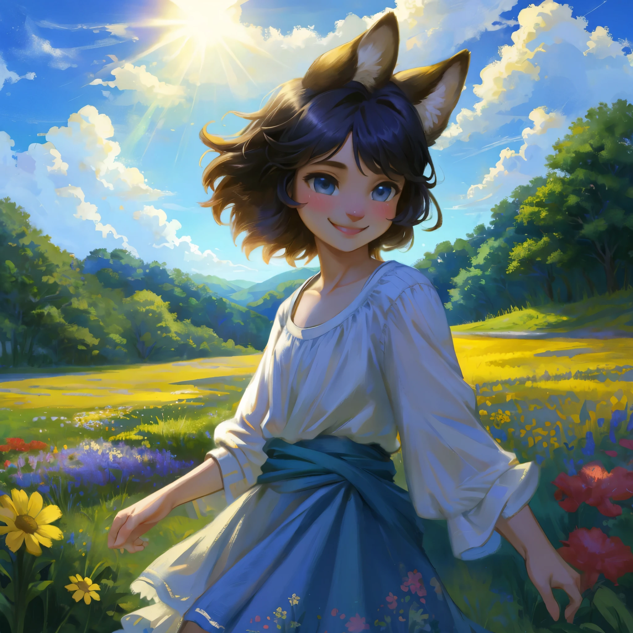 top quality, highres, High-quality illustrations, unparalleled masterpiece(movie of life)nature inspired imagery, rendered in maya, romanticized views, lively illustrations, hyper realistic, whimsical cartoonish, farm, Blue sky, clouds, florals Beautiful garden(furry anthro, solo, girl, casual fashion, Relux pose, Smile)absurdres, perfect anatomy, caustics, cinematic lighting, lens flare, deep shadow, dynamic angle,