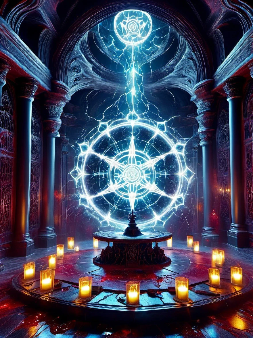 Demon World Hall，Lich Altar，blood spread，Weird round case，blood spatter，Pure cosmic energy transparent magic circle，Disc made of magical energy，The Wheel of Time and Space，aureola，electric wheel，Magically drawn polygons，Epic magic fantasy，Epic surrealism，Epic Thunder Magic，Epic ancient totem，Epic Mystical Magic Light，Epic dark magic，epic gothic style