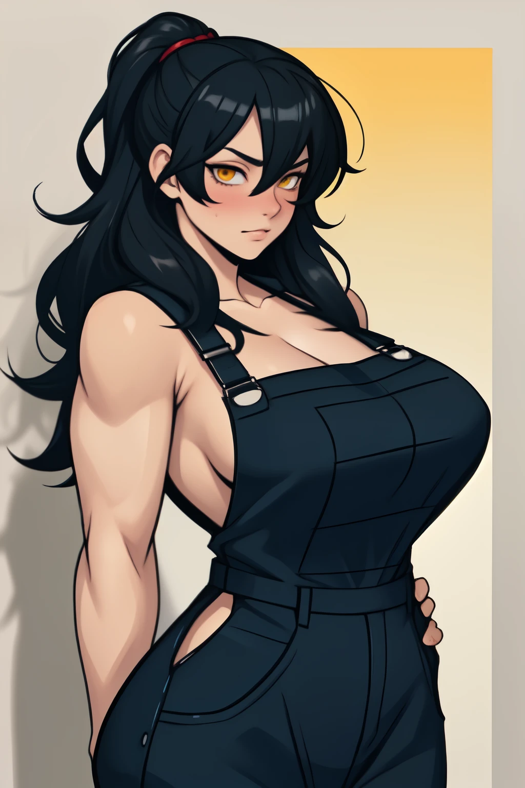 (((( musculosa grossa)))) pale skin black hair yellow eyes huge breasts overalls toned body embarrassed blush long hair