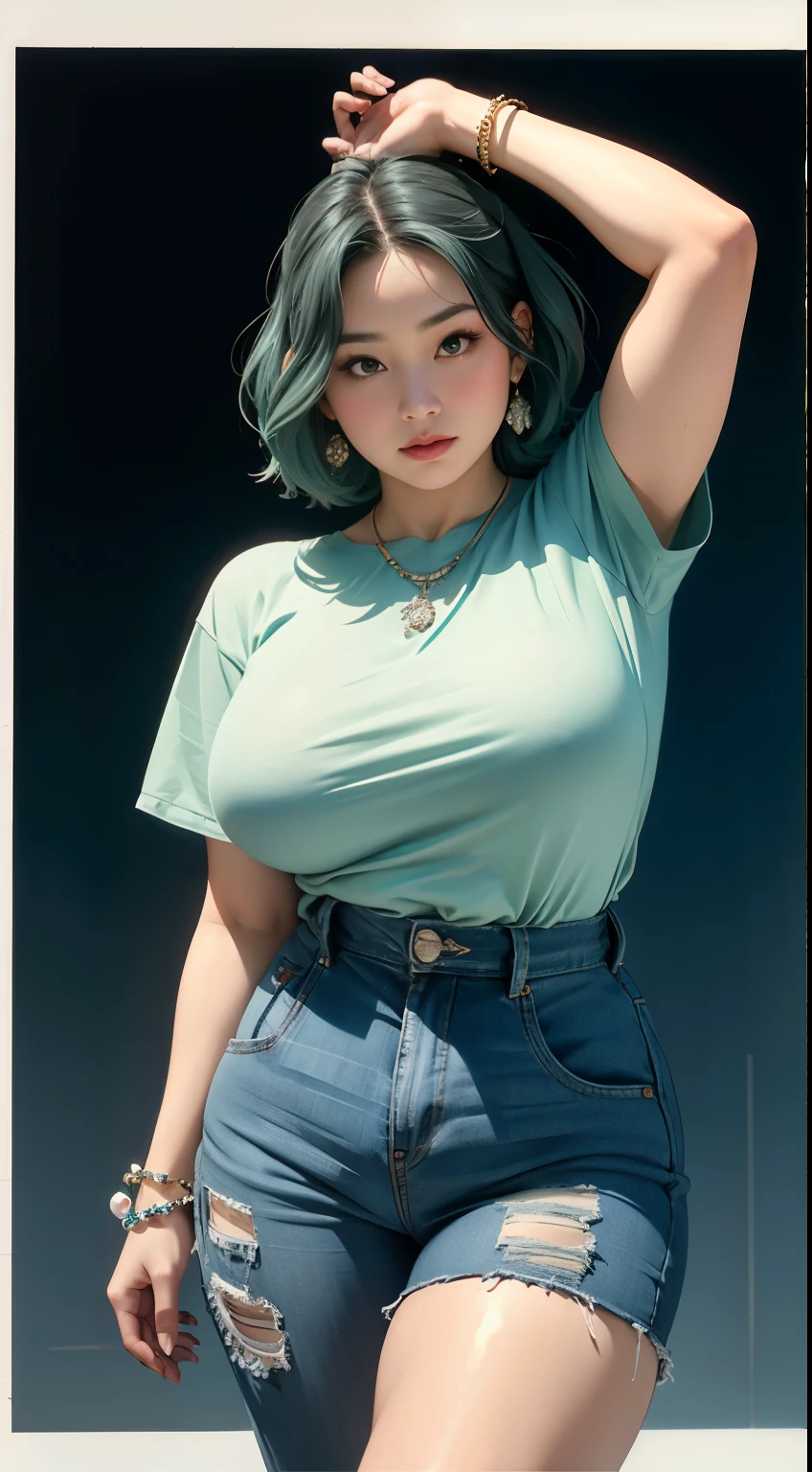 photorealistic, high resolution, soft light,1women, solo, wide hips, (detailed face),tattoo, jewelry, , , blue and green hair Color , (closeup), wide angle,, (busty), armpit , Slightly fat belly, large breasts, full body angle, 80 years old woman , thick thighs , thick arms , standing in dark rooms, short pants, wearing a three bracelet, wearing two diamond necklace , wearing a watch, wearing airmax shoes , japanese goddess, wavyshort hairstyle, fat belly, thick fat belly, thick wide hips, thick arm, bbwchan, massive arm, full body,