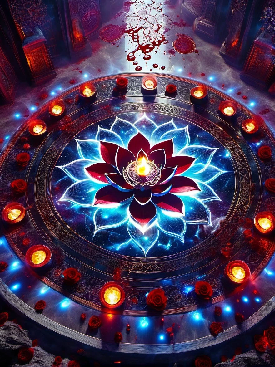 Lotus altar,blood spread,Weird round case,blood spatter,Pure cosmic energy transparent magic circle,Disc made of magical energy,The Wheel of Time and Space,aureola,electric wheel,Magically drawn polygons,Epic magic fantasy,Epic surrealism,Epic Thunder Magic,Epic ancient totem,Epic Mystical Magic Light,Epic dark magic,epic gothic style