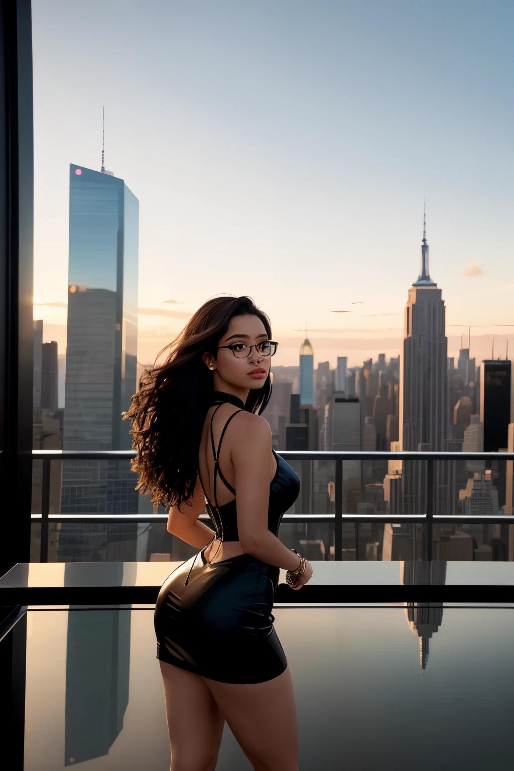 A 20-year-old woman with glasses, set against the backdrop of Cidade Nova York's futuristic cityscape, as twilight descends and clouds drift in the sky. Her glossy black hair dances in the wind, her slim figure exuding an air of mystery and intrigue. The scene is captured in a 4K photograph, offering a crisp and detailed depiction of her stylish attire and the textured surfaces of the metropolis around her. The glass reflections and nuanced shading add depth and dimension to the image, making it a captivating and visually engaging masterpiece.