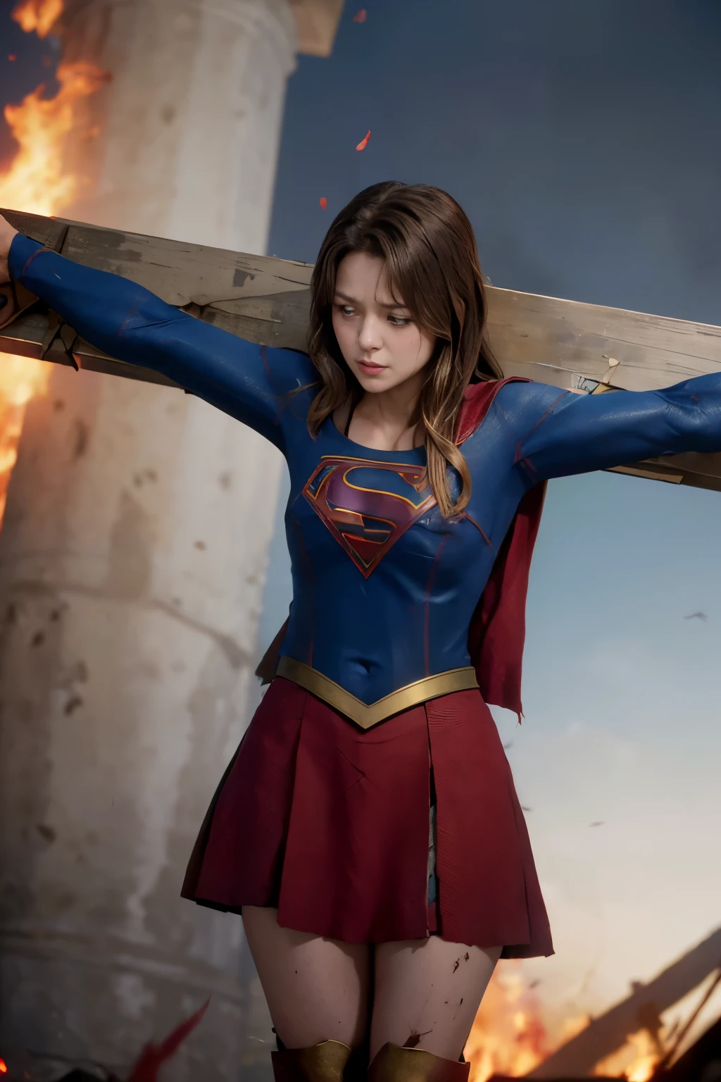 highest quality,masterpiece,UHD, Super detailed, 8K,(Beautiful woman),(一人のBeautiful woman),((crucifixion:1.5)),((cross)),(execution),((incontinence)),scared,torture,slave,((crossにcrucifixionにされた女性:1.5)),crucifixion刑,((supergirl)),blue suit,Superman logo on chest,red skirt,((torn costume:1.5)),((Tearing of clothes:1.5)),(tattered clothes),((bruises on body)),scars on body,injured face and body,(Bruise, dirty, torn clothes, revealing clothes, Blood:1.3),traces of being beaten,Defeated heroine,a devastated world,ruins,abandoned building,(burning at the stake),((roasted over fire:1.2))