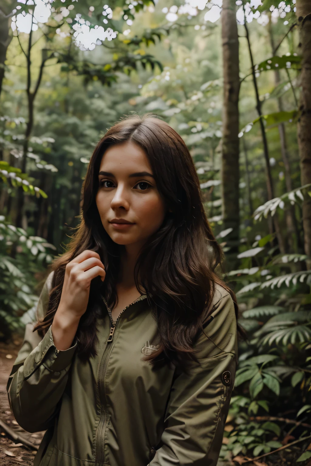 Cute woman in forest with monkey