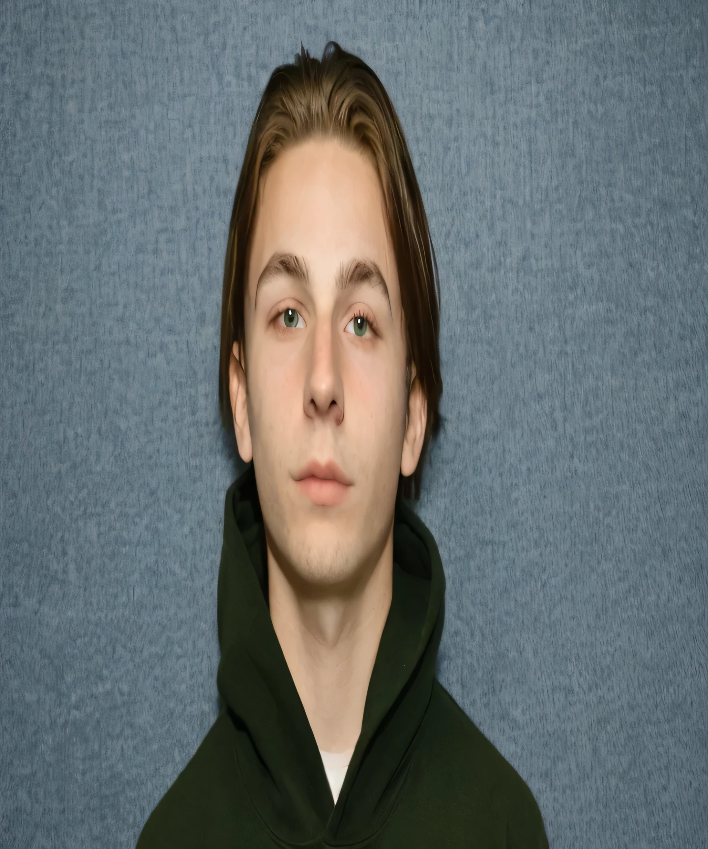 arafed man in a green hoodie with a blue background, tommy 1 , 1 6 years oldold, around 1 9 years old, headshot rait of 1 5 - year - old boy, classified photo, portrait a 1 5 - year - old boy, 1 7 - year - old boy thin face, 1 / 4 headshot