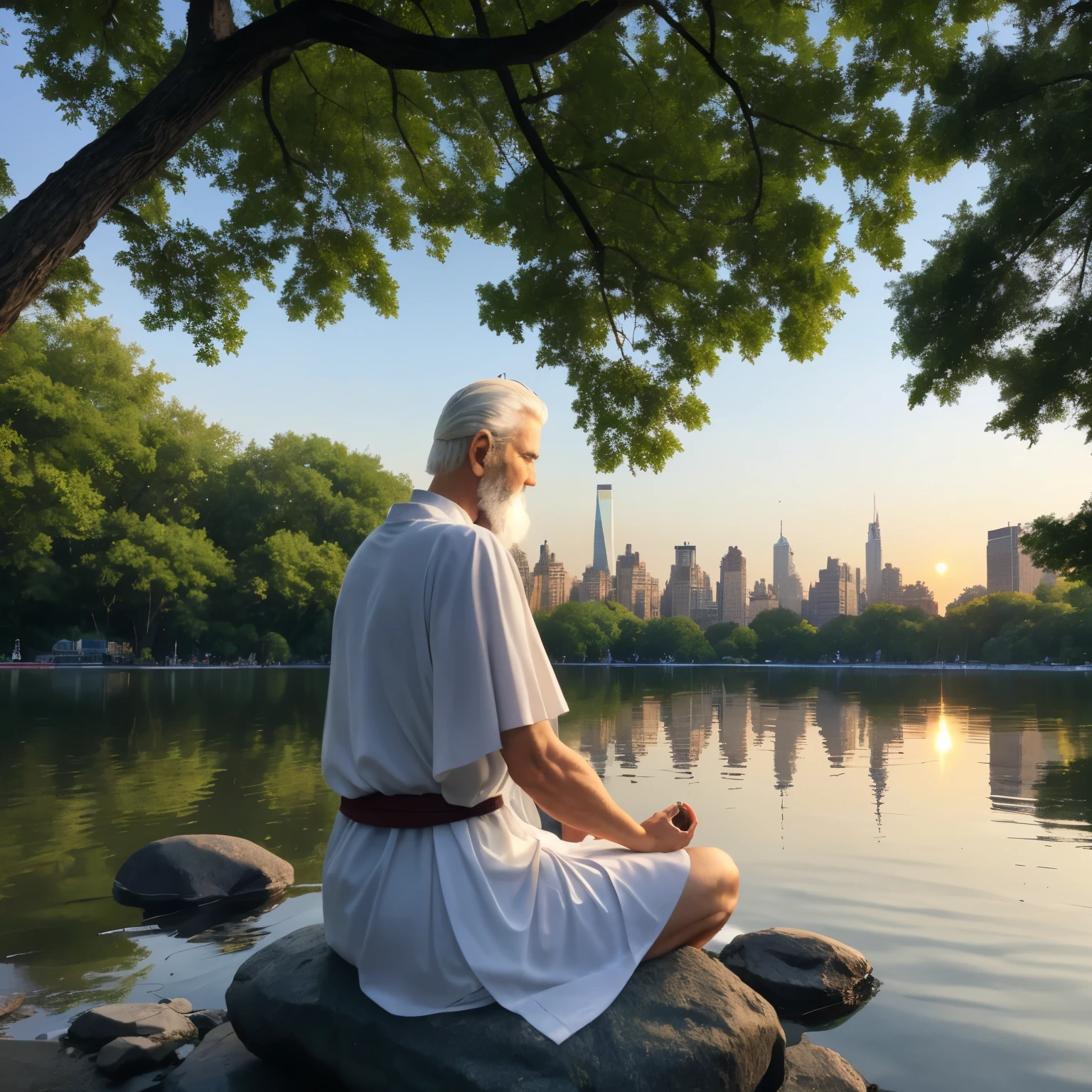 Male ancient Greek person, about 50 years old, white hair and beard, inspired by Stoicism and Marcus Aurelius, looking away and meditating, fit body with lean muscles. He is wearing an ancient white Greek tunic, in a thinking position, hands down on his laps, sitting on a rock by the water in central park in new york city by sunset, facing the lake surrounded by trees and new york city buildings around in the background