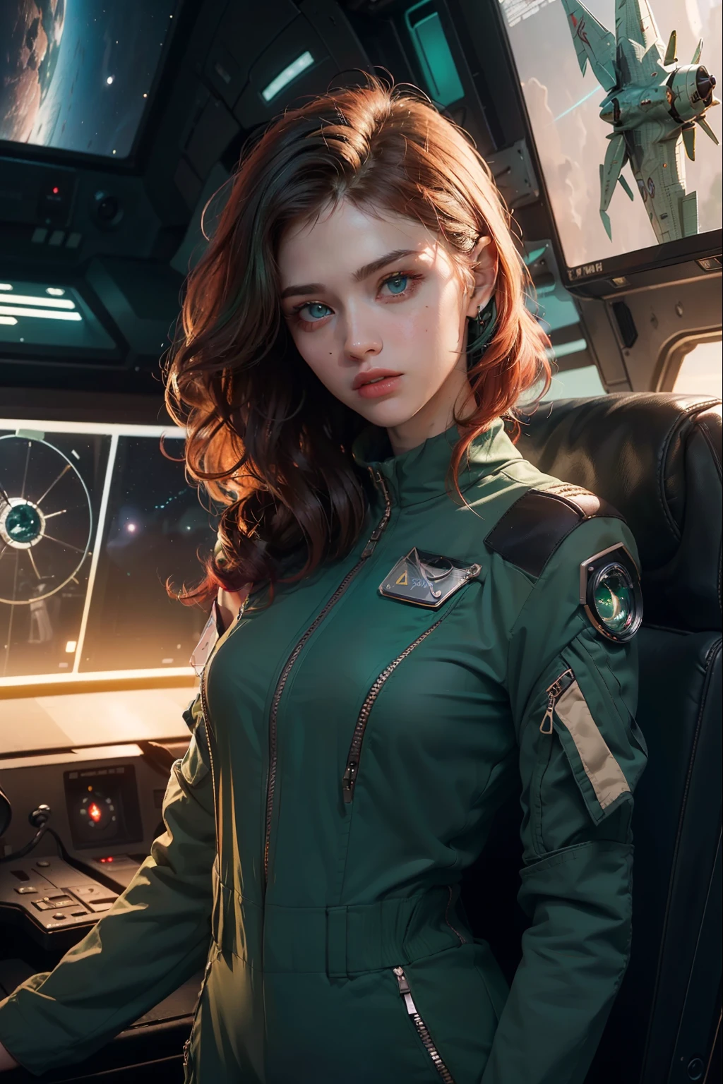 ((photorealism, high quality, detail)), (more than half of the body:1.10), ((it costs half a turn:1.10)) science fiction, Futuristic setting, Military, (girl-pilot of the space fleet), (girl-pilot of a spaceship), ((slender girl 25 years old, thin figure:1.7, small breasts)), attractive appearance, looks at us with seductive eyes, (sly face), very beautiful, ((redheads:1.10)) thick curly hair (shoulder length:1.5), blue eyes, ((dark green)) uniform, (((dark green space pilot jumpsuit))),
(medals:1.10), volumetric lighting, Sargent ISO1600 uniform, unreal engin 5, octane rendering, (2D: 1.2), digital painting, artstation, concept art, smooth, clear focus,