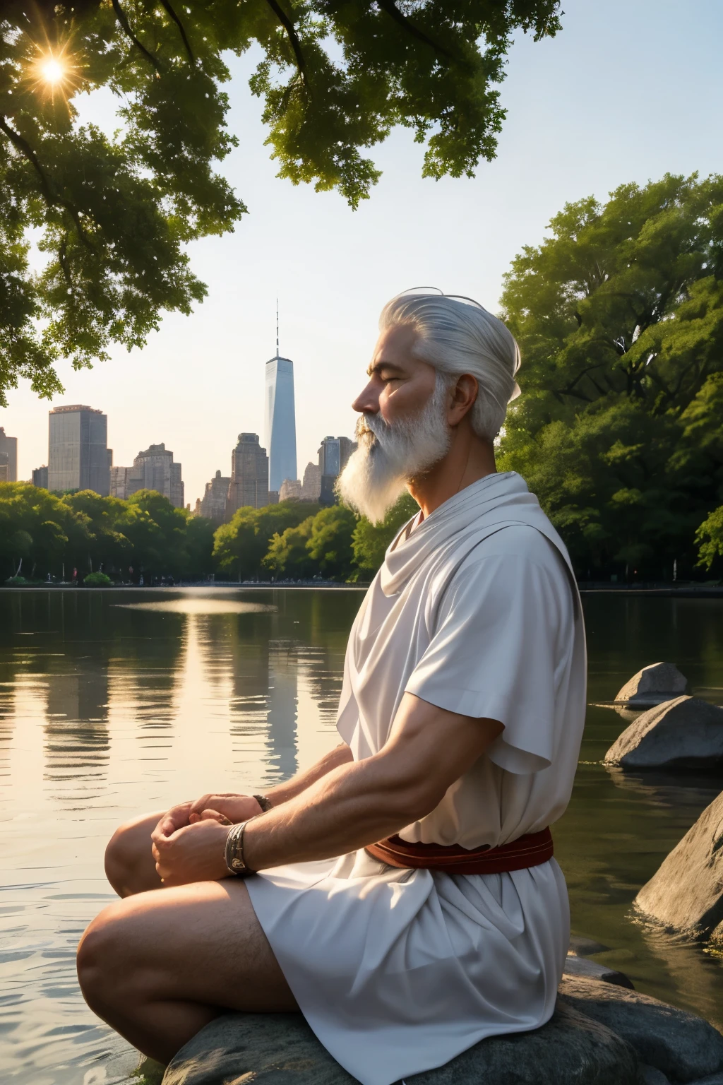 Male ancient Greek person, about 50 years old, white hair and beard, inspired by Stoicism and Marcus Aurelius, looking away and meditating,  fit body with lean muscles. He is wearing an ancient white Greek tunic,  in a thinking position, hands down on his laps, sitting on a rock by the water in central park in new york city by sunset, facing the lake surrounded by trees and new york city buildings around in the background