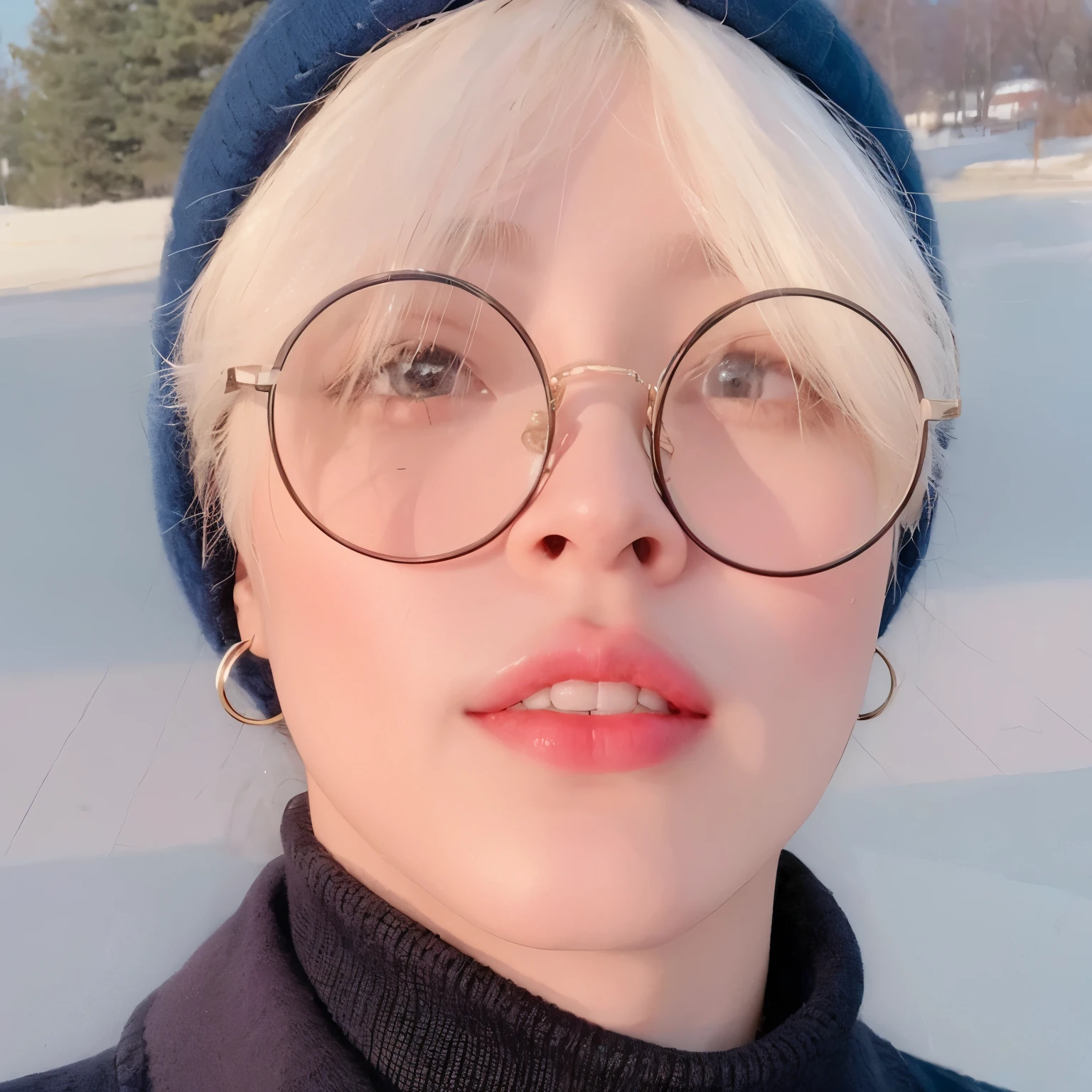 blonde woman with glasses and blue hat posing for a photo, park Jimin, Jimin\the full lips, Kim Doyoung, Jimin, Jimin\the right eyelid is swollen, accurate Jimin face, thick round glasses, taejune kim, Jimin\o nariz grego, profile picture with headshot, wearing round glasses, Hong junho hyung, wearing round glasses grandes e finos