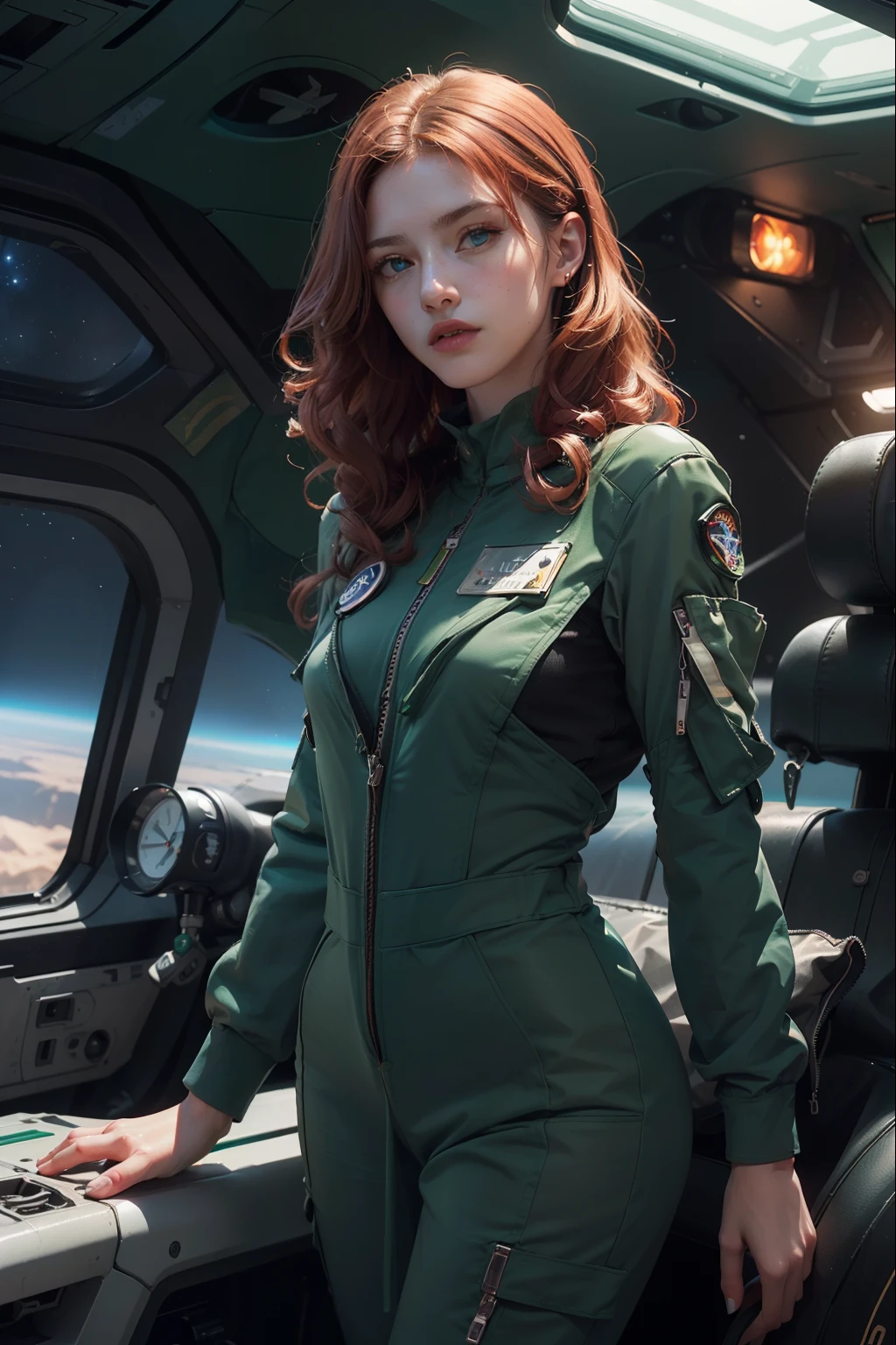 ((photorealism, high quality, detail)), (the whole body:1.10), ((it costs half a turn:1.10)) science fiction, Futuristic setting, Military, (girl-pilot of the space fleet), (girl-pilot of a spaceship), ((slender girl 25 years old, thin figure:1.7, small breasts)), attractive appearance, looks at us with seductive eyes, (sly face), very beautiful, ((redheads)) thick curly hair (shoulder length:1.5), blue eyes, ((dark green)) uniform, (((dark green space pilot jumpsuit))),
(medals:1.10), volumetric lighting, Sargent ISO1600 uniform, unreal engin 5, octane rendering, (2D: 1.2), digital painting, artstation, concept art, smooth, clear focus,
