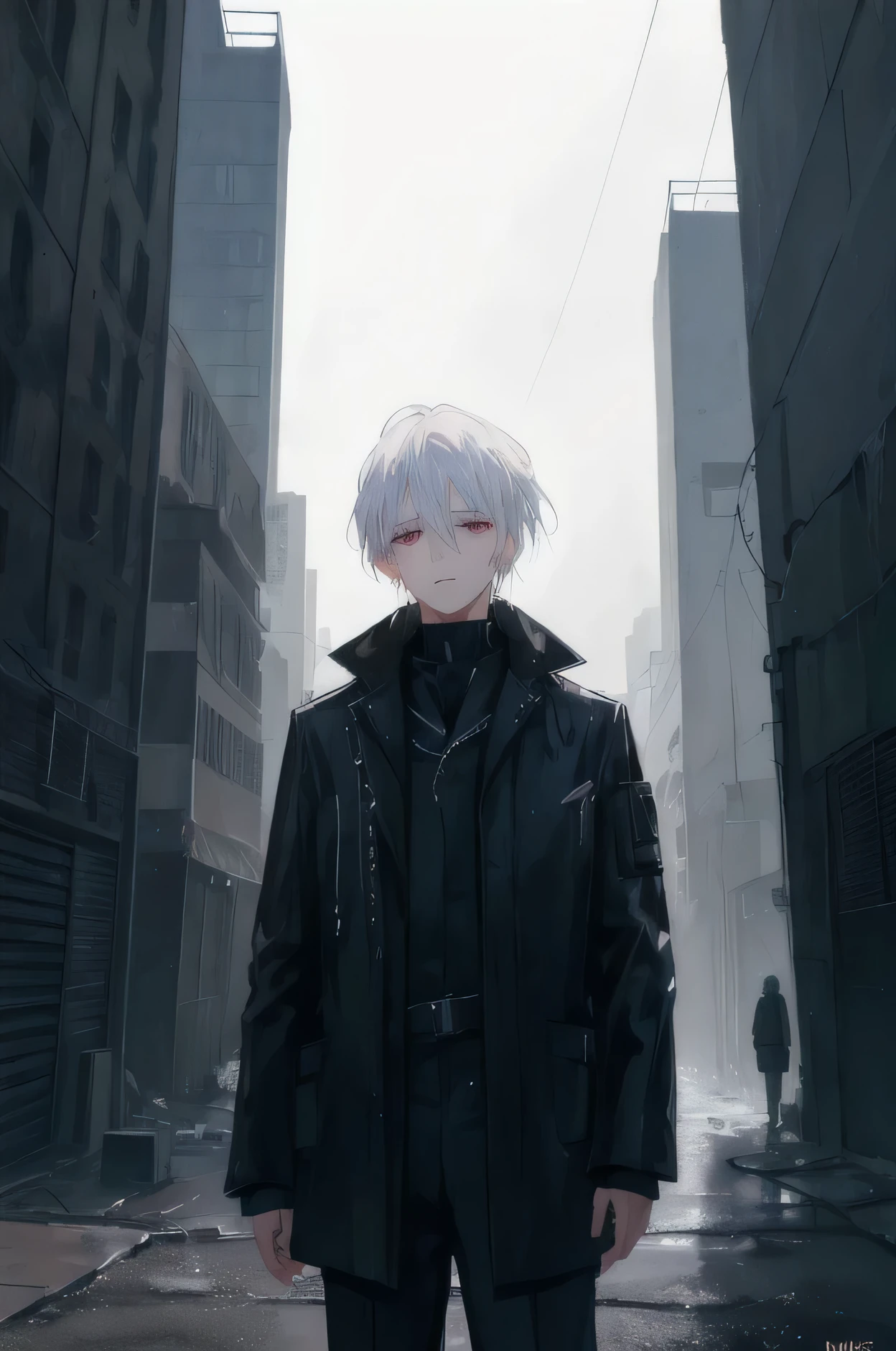 A boy with white hair and red eyes, alone in the slums of a dark futuristic city, The Boy gazes at the starry sky with a look of despair. (moyen:oil painting'huile'huile'huile),(best quality,4K,8K,high resolution,chef-d'ouvrages d'Art:1.2),ultra-detailed,(realistic,photorealistic,photo-realistic:1.37),Ambiance sombre,texture granuleuse,poverty,in trouble,solitude,Desolation,night scene,mystère,depressed mood,post-apocalyptique,Paysage urbain futuriste,Cadre dystopique,neon lights,Ombres vacillantes,air rempli de smog,Les stars brillent de mille feux,ciel de nuit,solitude,despair,overwhelmed by emotions,Les yeux pleins d'stars,Lost in thoughts,tension dans l'air,Ambiance sombre,The Boy'the inner turmoil,cinematographic composition,dramatic lighting,D'captivating beauty,impact émotionnel profond.