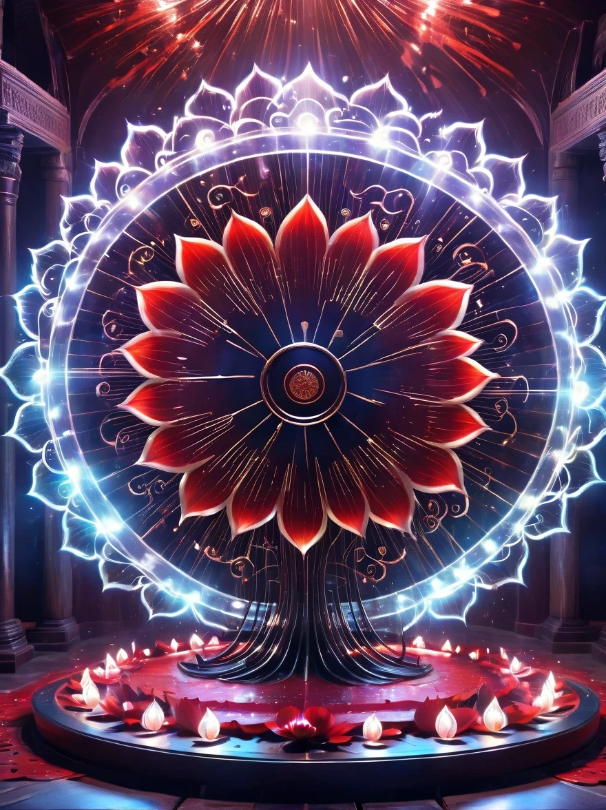 Lotus altar，blood spread，Weird round case，blood spatter，Pure cosmic energy transparent magic circle，Disc made of magical energy，The Wheel of Time and Space，aureola，electric wheel，Magically drawn polygons，Epic magic fantasy，Epic surrealism，Epic Thunder Magic，Epic ancient totem，Epic Mystical Magic Light，Epic dark magic，epic gothic style