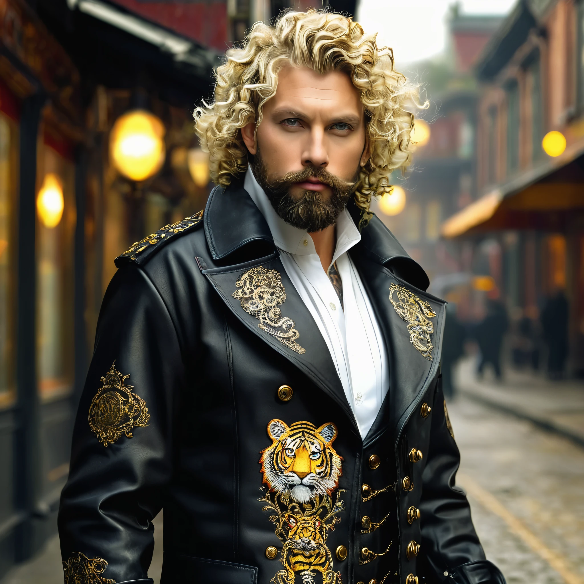 Model RealityVision_SDXL v2.0 RealityVision_SDSDS-XL Floodlight regulator ,, A brutal man with blond curly short hair and a beard, dressed in a double-breasted black steampunk coat!!!!! and leather pants !!!!! Tiger embroidery is visible on the coat and sleeves!!!!front light ,((masterpiece)), ((best quality)) , high detail,, highest detail, ah high_Detail, color, beautiful, HDR, photorealistic,
