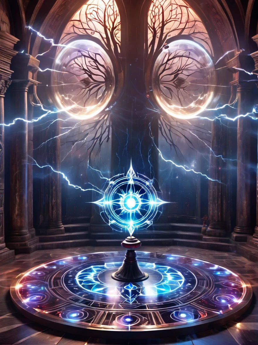 altar,blood spread,Weird round case,blood spatter,Pure cosmic energy transparent magic circle,Disc made of magical energy,The Wheel of Time and Space,aureola,electric wheel,Magically drawn polygons,Epic magic fantasy,Epic surrealism,Epic Thunder Magic,Epic ancient totem,Epic Mystical Magic Light,Epic dark magic,epic gothic style