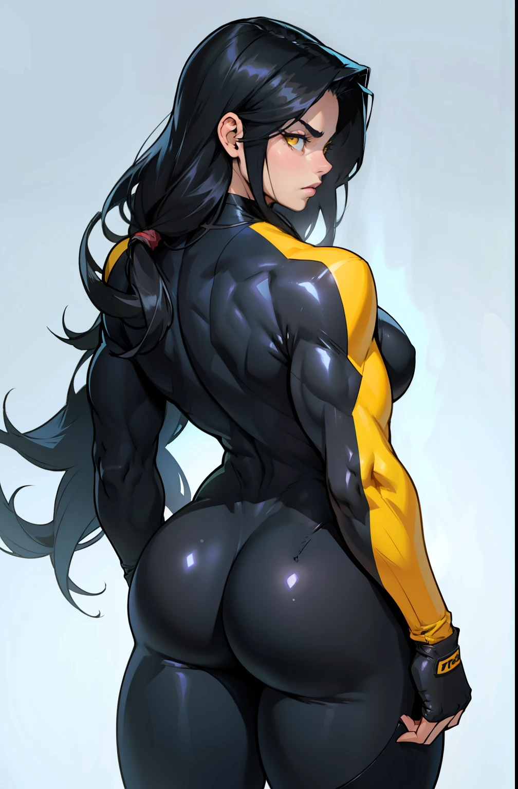 best quality ((((girl muscular thick thighs)))) (full bodysuit cowboy-shot from behind from above) pale skin black hair yellow eyes very long hair angry big ass