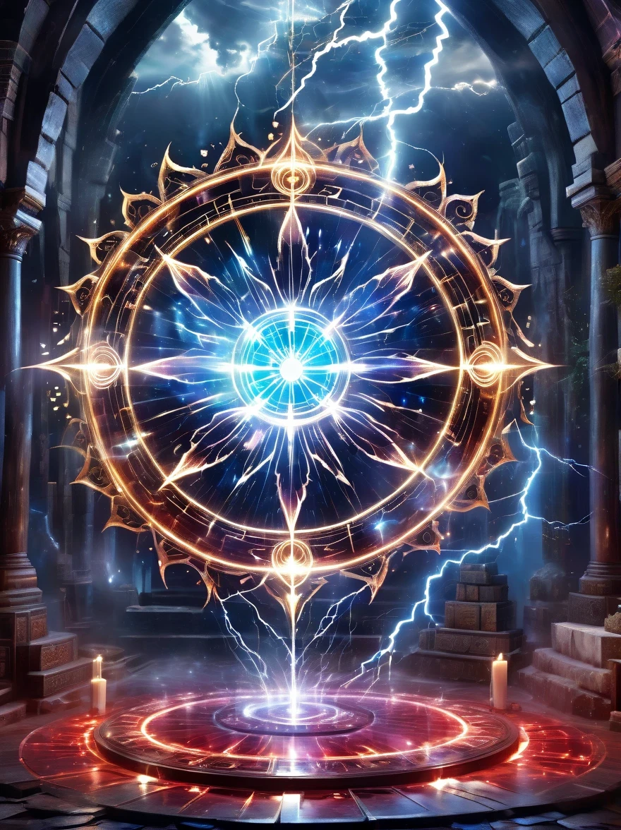 altar,blood spread,Weird round case,blood spatter,Pure cosmic energy transparent magic circle,Disc made of magical energy,The Wheel of Time and Space,aureola,electric wheel,Magically drawn polygons,Epic magic fantasy,Epic surrealism,Epic Thunder Magic,Epic ancient totem,Epic Mystical Magic Light,Epic dark magic,epic gothic style