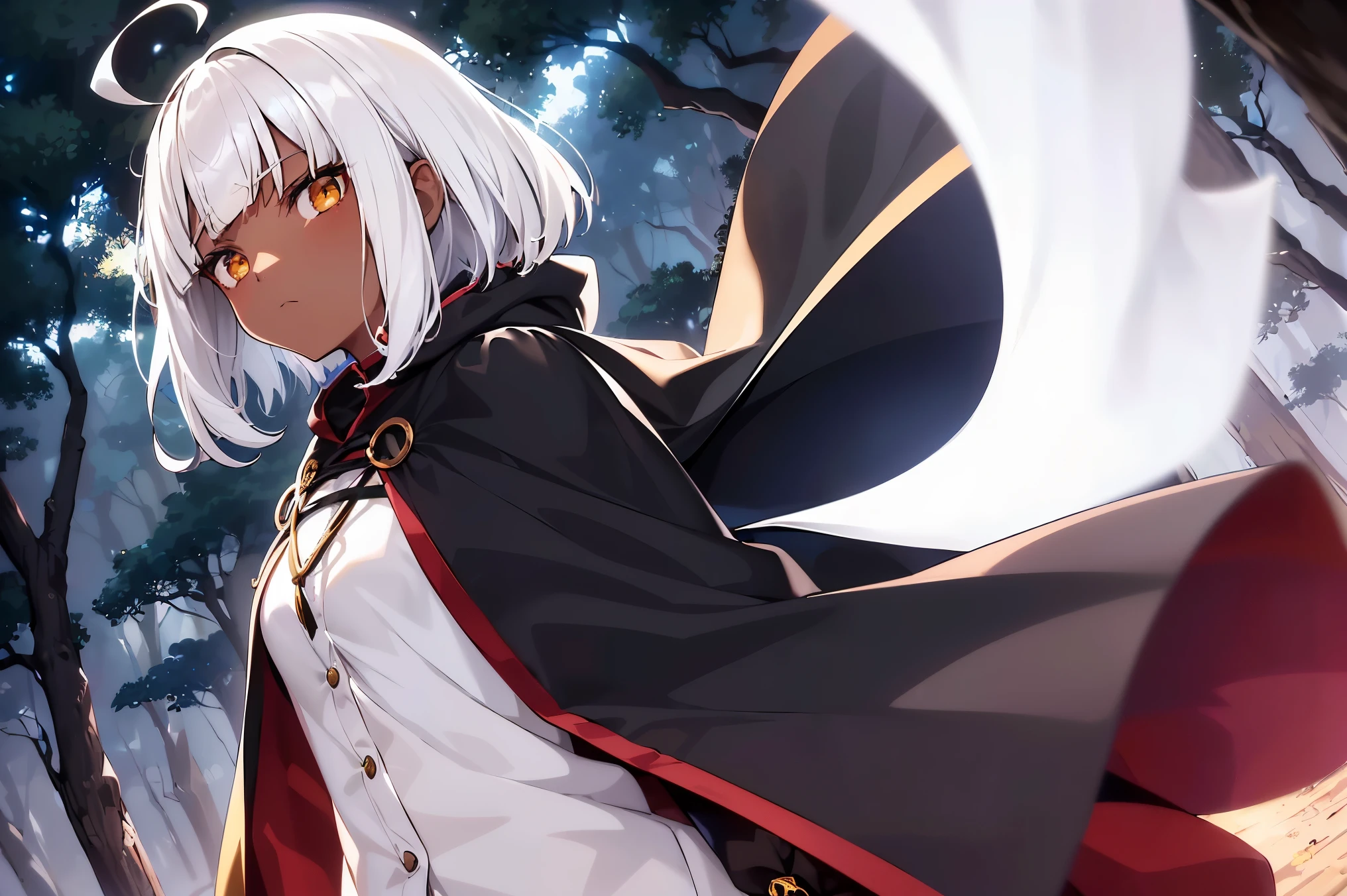 Cimematic vision, nigth, ((1girl)), (ta), ((((Dark skin)))), ((((short white hair)))), (((blunt bangs))), yellow eyes, ((cabelo emaranhado)), ((((no expression)))), Sonolenta, ((ahoge)), ((((cloak with hood covering the entire body)))), desleixada, ((melhor qualidade)), ((obra de arte)), (detalhado), rosto perfeito, ((style novel)), ((in forest)), cores beautiful, ((((style anime Shikimori-san))))