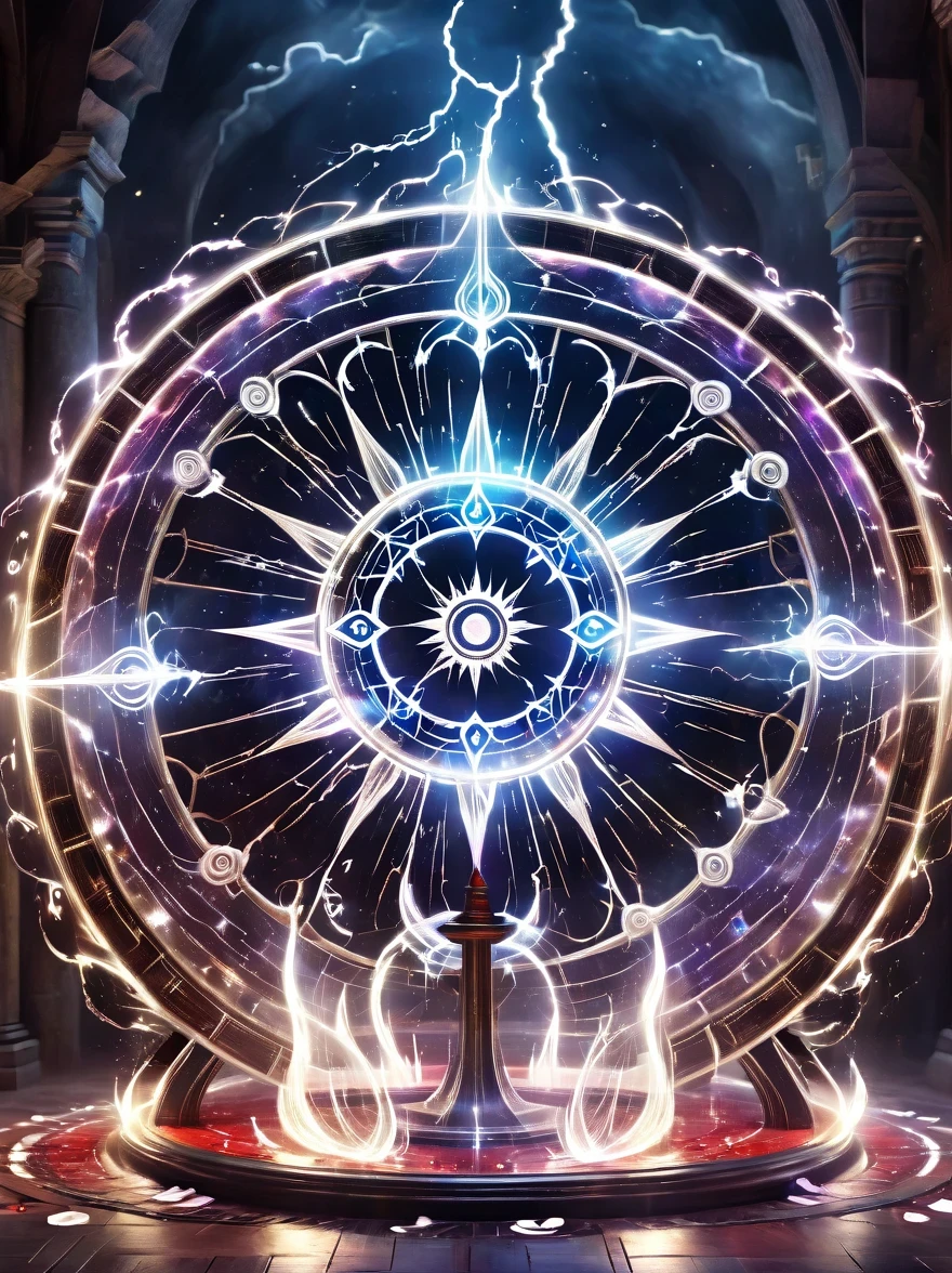 altar,blood spread,Weird round case,blood spatter,Pure cosmic energy transparent magic circle,Disc made of magical energy,The Wheel of Time and Space,aureola,electric wheel,Magically drawn polygons,Epic magic fantasy,Epic surrealism,Epic Thunder Magic,Epic ancient totem,Epic Mystical Magic Light,Epic dark magic,epic gothic style