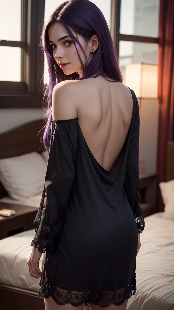 ((best quality: 1.5)) ((masterpiece: 0.8)), intricate details, sharp focus, professional, real life, realistic representation of the face, dynamic pose, in the style of realistic and hyper detailed renderings BREAK ((detailed middleaged woman, (((soft loose nightgown, short hemline, (([black hair:purple hair:0.3], messy straight hair, [flat chest:medium breasts:0.8], behind, rear view, bedroom, night, dim lighting, firelight)), looking away, off shoulder, dark gothic makeup, smiling), iceblue eyes)), freckles: 0.6)), photorealistic, hyper-realistic, 8K