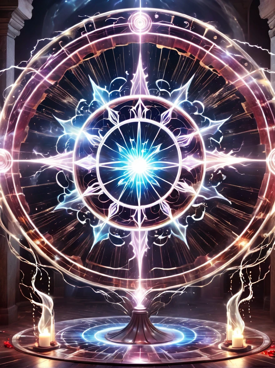 altar，blood spread，Weird round case，blood spatter，Pure cosmic energy transparent magic circle，Disc made of magical energy，The Wheel of Time and Space，aureola，electric wheel，Magically drawn polygons，Epic magic fantasy，Epic surrealism，Epic Thunder Magic，Epic ancient totem，Epic Mystical Magic Light，Epic dark magic，epic gothic style
