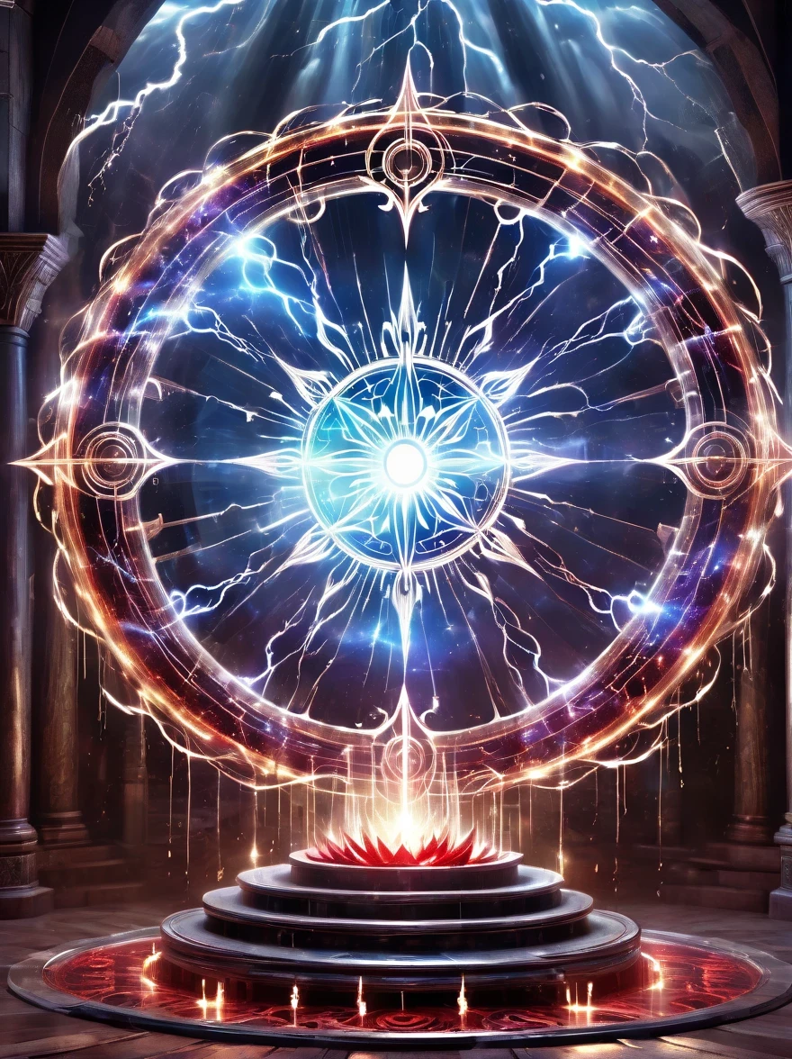 altar,blood spread,Weird round case,blood spatter,Pure cosmic energy transparent magic circle,Disc made of magical energy,The Wheel of Time and Space,aureola,electric wheel,Magically drawn polygons,Epic magic fantasy,Epic surrealism,Epic Thunder Magic,Epic ancient totem,Epic Mystical Magic Light,Epic dark magic,epic gothic style
