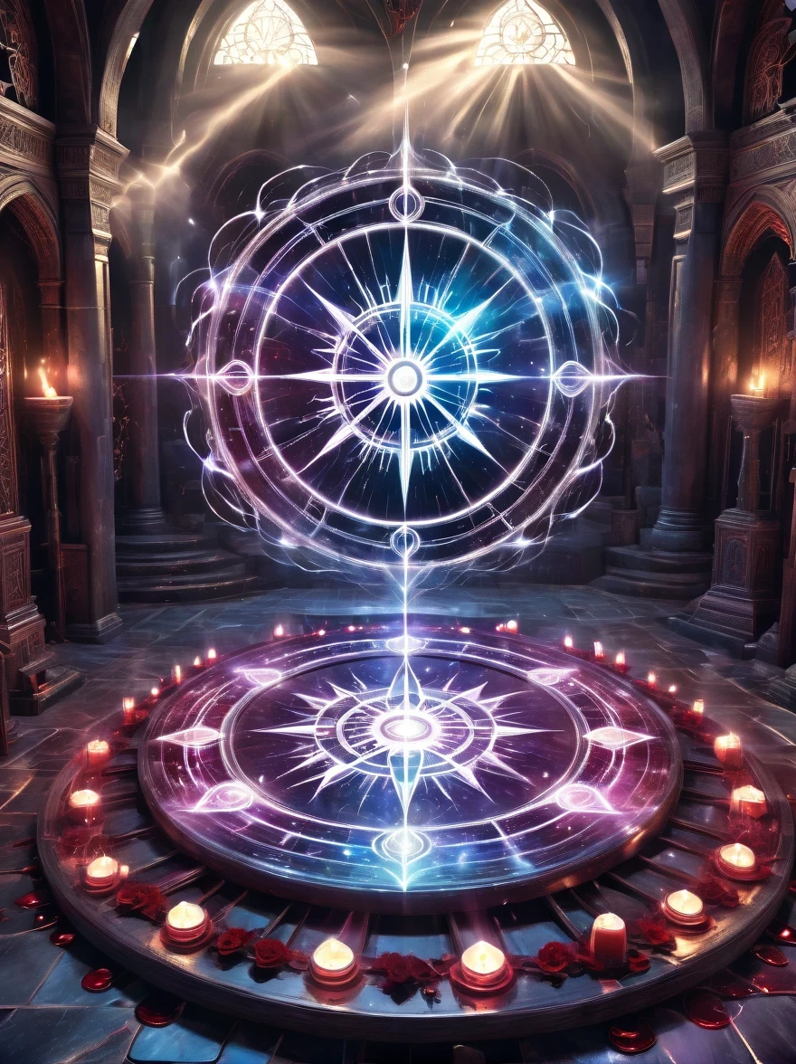 altar,blood spread,Weird round case,blood spatter,Pure cosmic energy transparent magic circle,Disc made of magical energy,The Wheel of Time and Space,aureola,electric wheel,Magically drawn polygons,Epic magic fantasy,Epic surrealism,Epic Thunder Magic,Epic ancient totem,Epic Mystical Magic Light,Epic dark magic,epic gothic style