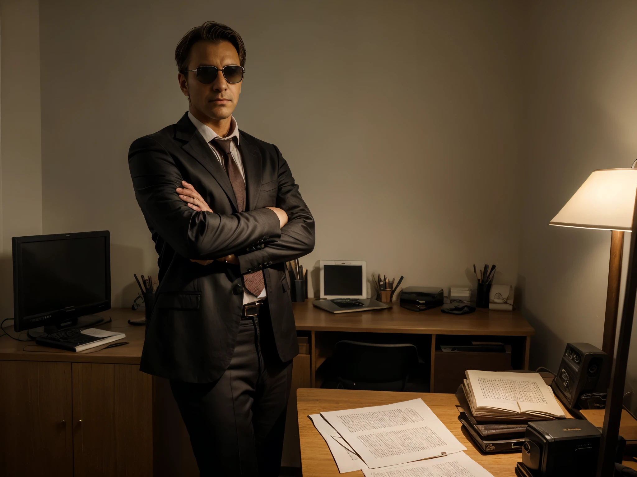 social maffia, bureau, business photo of lawyer (Man) with black sunglasses, extrem light from lamp, dark room