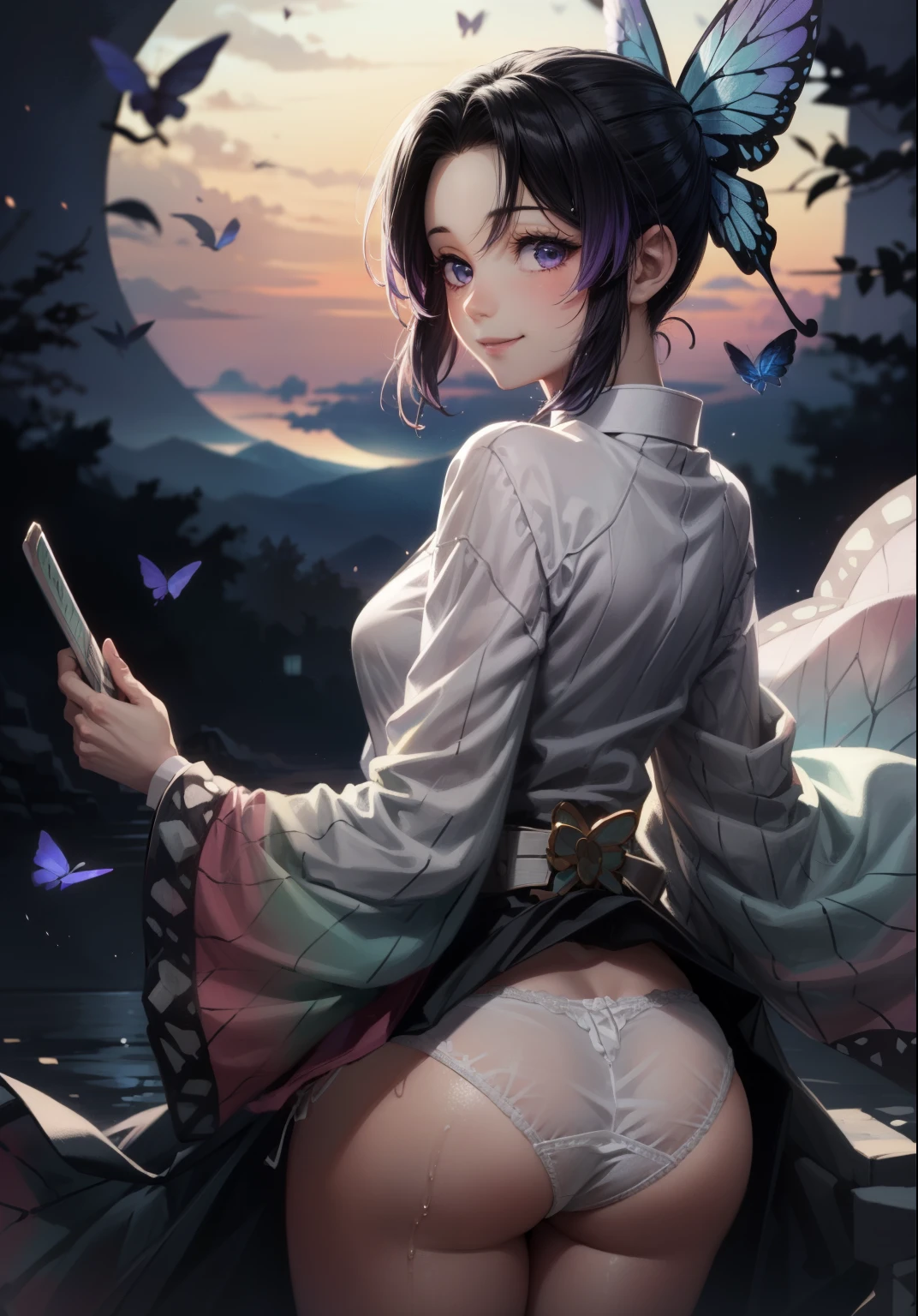 (Representative work: 1.2), (Best quality: 1.2), Solo, One girl, Shinobu little butterfly, happy smile, On face, Realistic eyes, Lilac eyes, Wet face, Black hair, (white panties: 1.4), Taisho era, rear view, shows ass