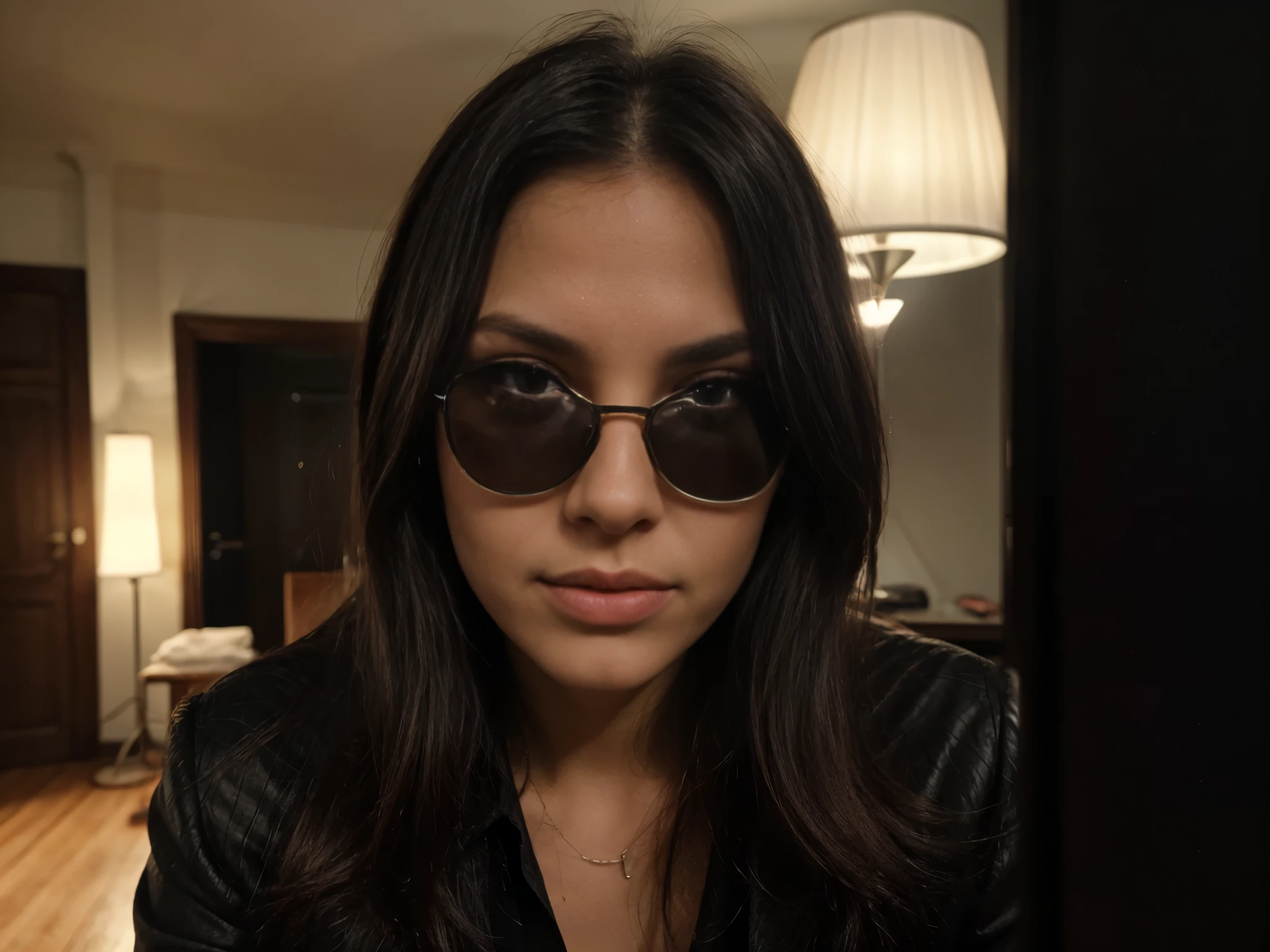 social maffia, bureau, Tinder photo of lawyer (Woman) with black sunglasses, extrem light from lamp, dark room