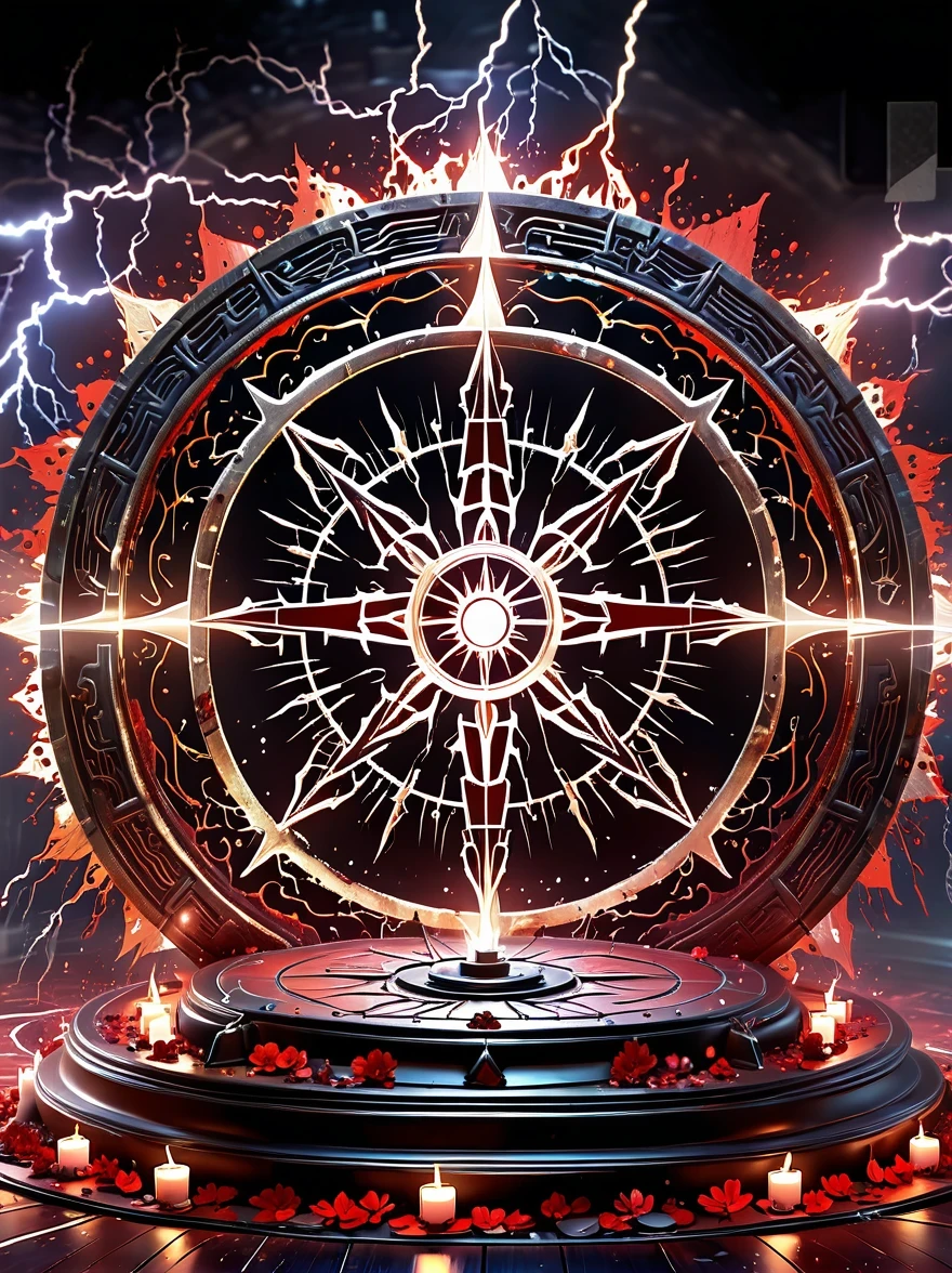 altar，blood spread，Weird round case，blood spatter，Pure cosmic energy transparent magic circle，Disc made of magical energy，The Wheel of Time and Space，aureola，electric wheel，Magically drawn polygons，Epic magic fantasy，Epic surrealism，Epic Thunder Magic，Epic ancient totem，Epic Mystical Magic Light，Epic dark magic，epic gothic style