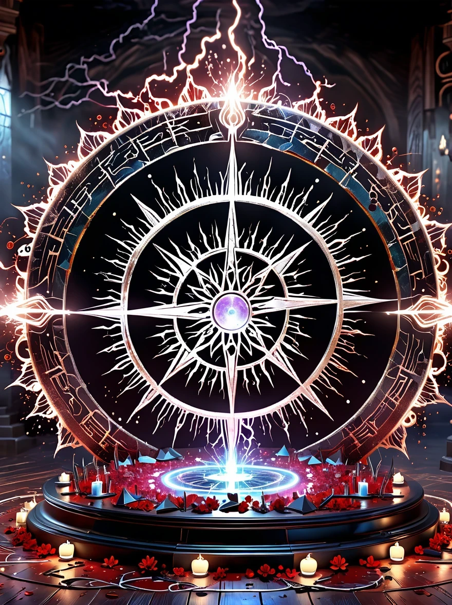 altar,blood spread,Weird round case,blood spatter,Pure cosmic energy transparent magic circle,Disc made of magical energy,The Wheel of Time and Space,aureola,electric wheel,Magically drawn polygons,Epic magic fantasy,Epic surrealism,Epic Thunder Magic,Epic ancient totem,Epic Mystical Magic Light,Epic dark magic,epic gothic style