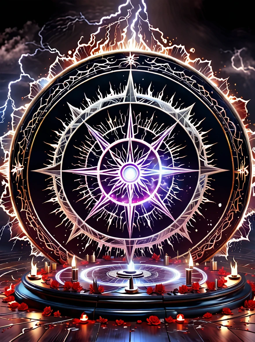 altar，blood spread，Weird round case，blood spatter，Pure cosmic energy transparent magic circle，Disc made of magical energy，The Wheel of Time and Space，aureola，electric wheel，Magically drawn polygons，Epic magic fantasy，Epic surrealism，Epic Thunder Magic，Epic ancient totem，Epic Mystical Magic Light，Epic dark magic，epic gothic style