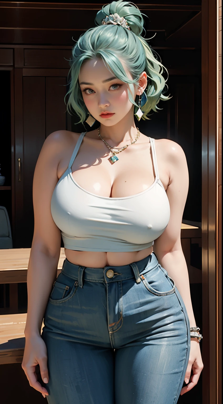 photorealistic, high resolution, soft light,1women, solo, wide hips, (detailed face),tattoo, jewelry, , , blue and green hair Color , (closeup), wide angle,, (busty), armpit , Slightly fat belly, large breasts, full body angle, 40 years old woman , thick thighs , thick arms , standing in dark rooms, short pants, wearing a three bracelet, wearing two diamond necklace , wearing a watch, wearing airmax shoes , japanese goddess, wavyshort hairstyle, fat belly, thick fat belly, thick wide hips, thick arm, bbwchan, massive arm, full body,