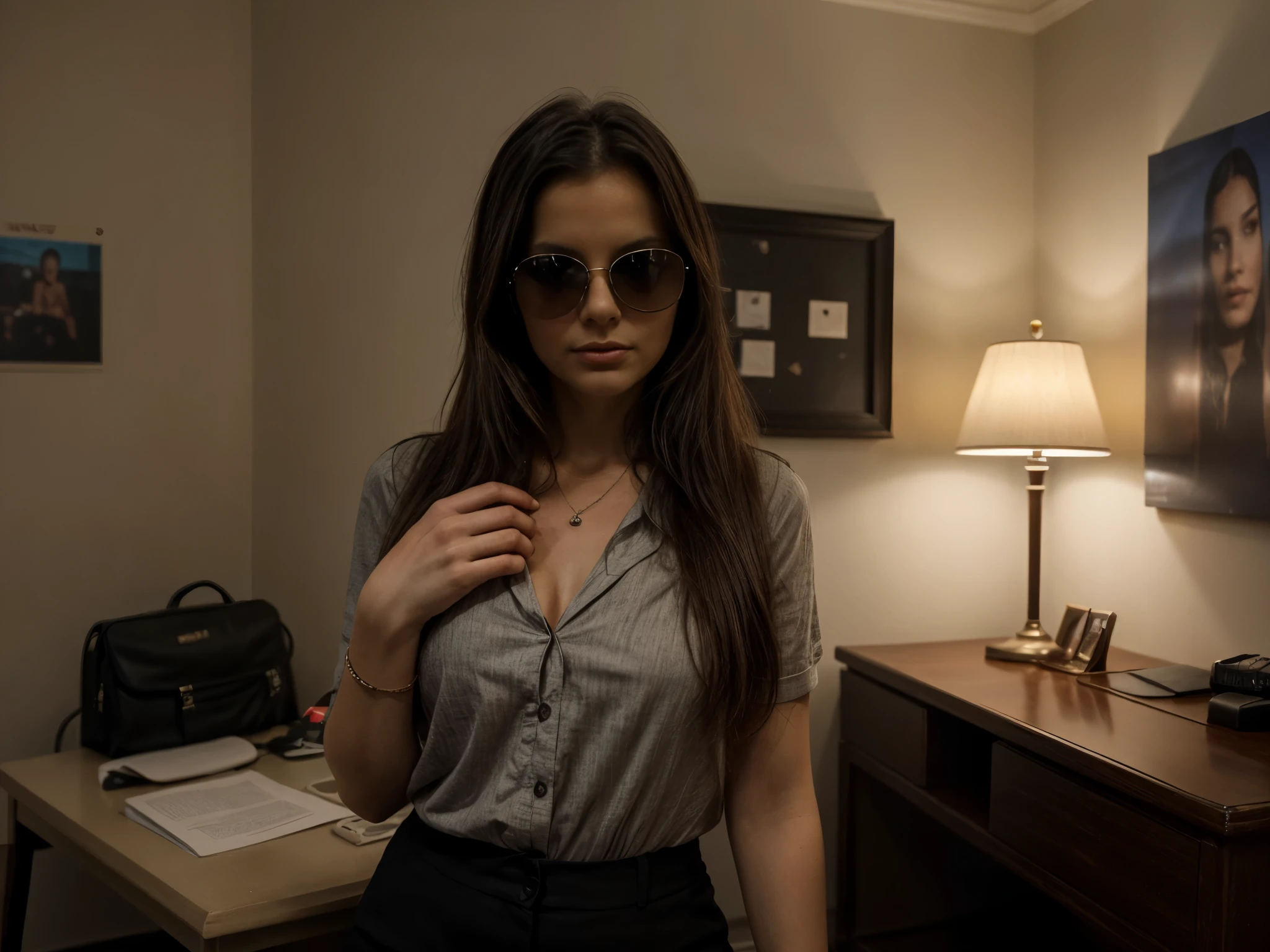 social maffia, bureau, Tinder photo of lawyer (Woman) with black sunglasses, extrem light from lamp, dark room