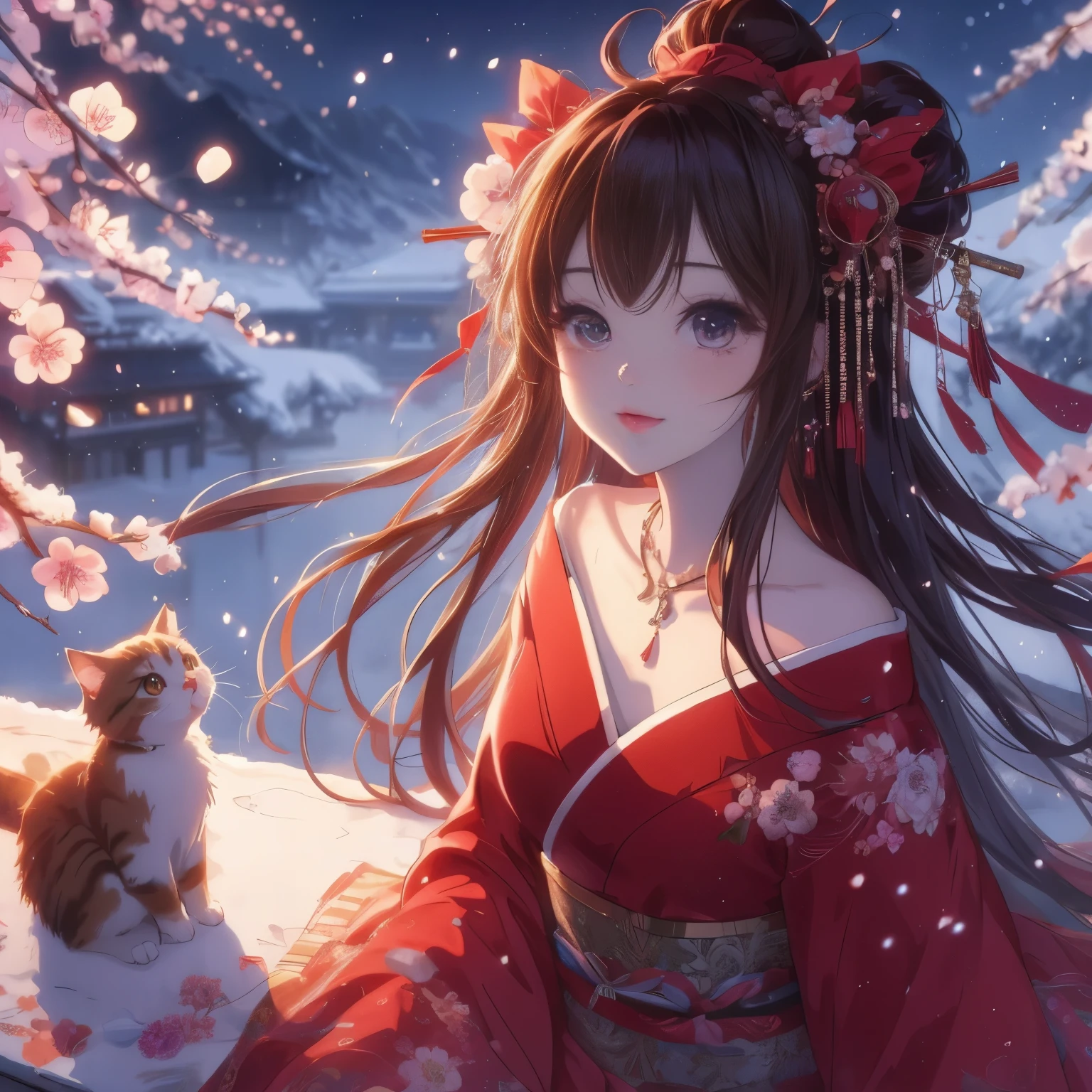 Anime girl with a cat sitting on a ledge in the snow, anime style 4k, Anime Art Wallpaper 4k, anime art wallpaper 4k, anime wallpaper 4k, anime wallpaper 4k, Beautiful anime girl, 4k anime wallpaper, Beautiful anime, anime art wallpaper 8k, Beautiful anime portrait, Beautiful anime woman, 4k comic wallpaper