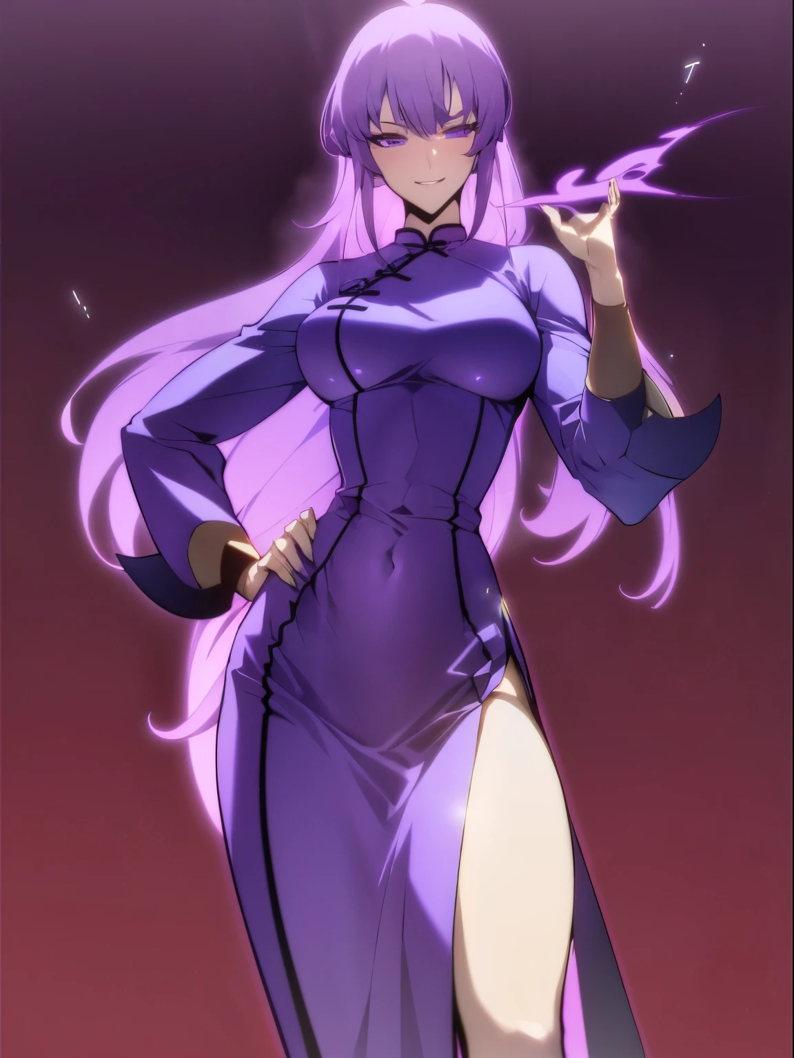 (top-quality、​masterpiece:1.2), 1girl in、Carnal body、musculature、akiyama rinko, poneyTail、a purple eye、tits、Big buttocks、(qipao dress), ((Raking up your hair、One hand is on his hip)), (Vicious look、Vulgar smile), Beautiful fece、A sexy、elegent、enticing、Beautiful and well-groomed face、beautidful eyes、beautiful hairl、slick skin、smooth legs