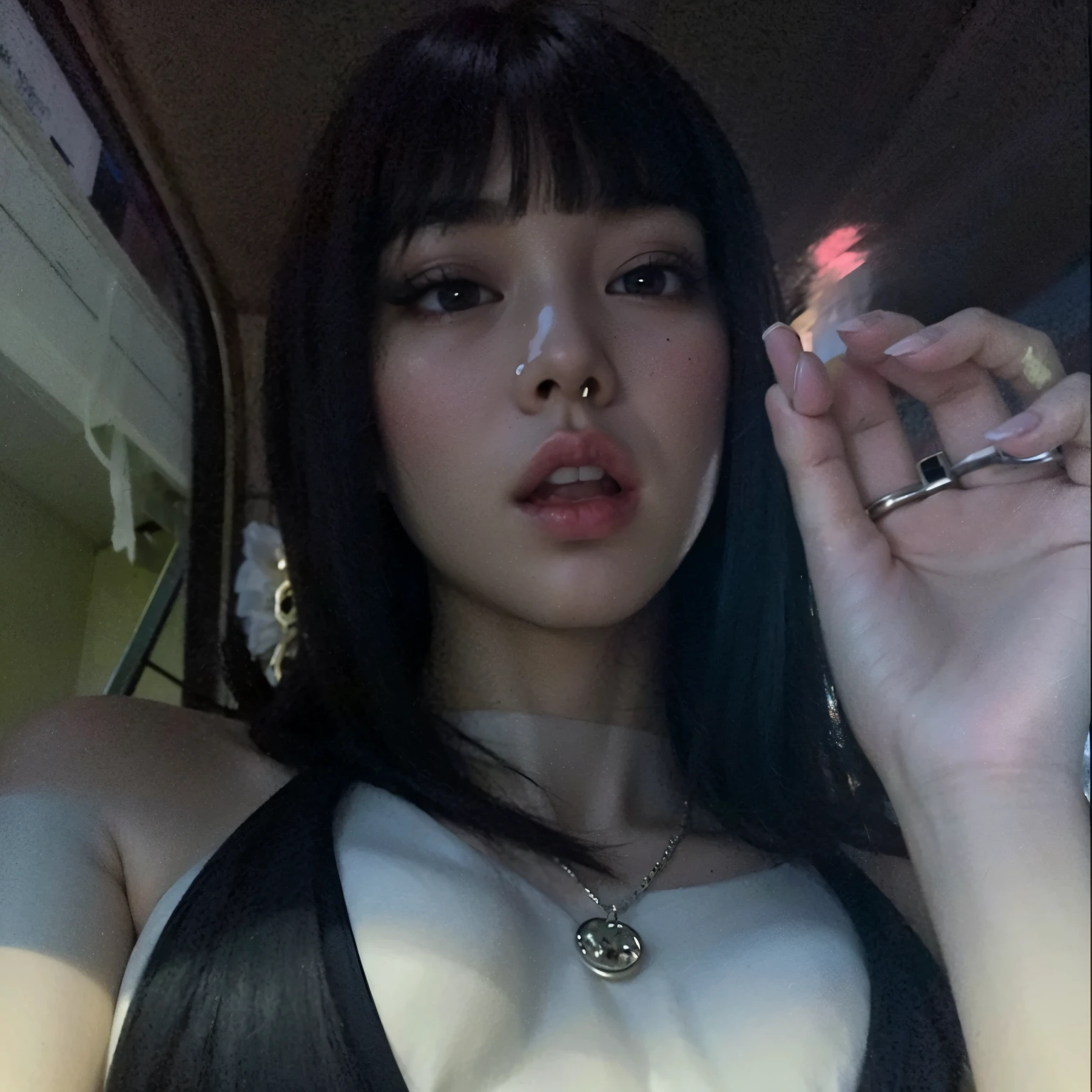 mulher araffed com piercings e piercings em um carro, pale gothic beauty, goth girl aesthetic, 1 7 - year - old goth girl, ela tem cabelo preto com franja, cruel korean goth girl, tiny black bra, goth girl, gothic aesthetic, anime vibes, in a black bra, ela parece uma mistura de sujeira, 18 anos de idade, blackpink jennie, peitos bonitos