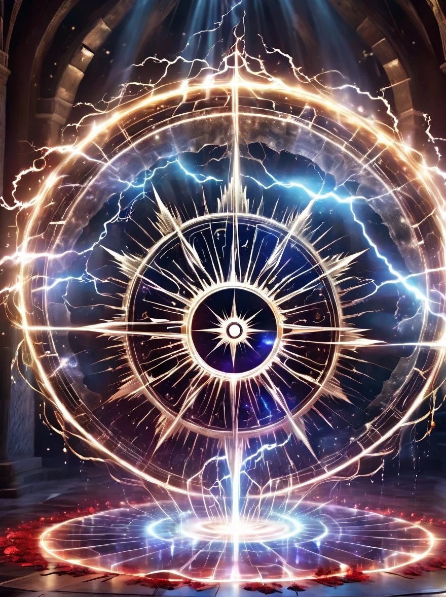 altar,blood spread,Weird round case,blood spatter,Pure cosmic energy transparent magic circle,Disc made of magical energy,The Wheel of Time and Space,aureola,electric wheel,Magically drawn polygons,Epic magic fantasy,Epic surrealism,Epic Thunder Magic,Epic ancient totem,Epic Mystical Magic Light,Epic dark magic,epic gothic style