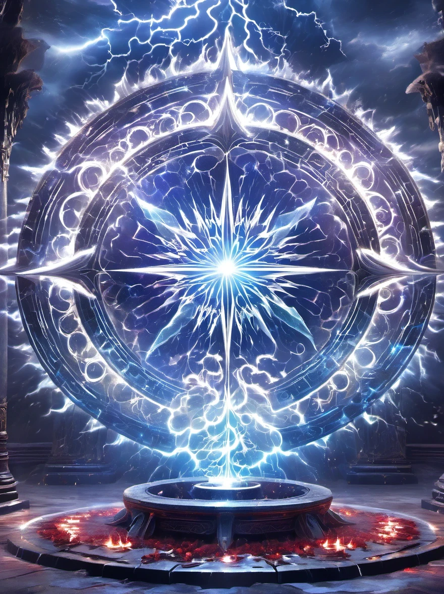 altar,blood spread,Weird round case,blood spatter,Pure cosmic energy transparent magic circle,Disc made of magical energy,The Wheel of Time and Space,aureola,electric wheel,Magically drawn polygons,Epic magic fantasy,Epic surrealism,Epic Thunder Magic,Epic ancient totem,Epic Mystical Magic Light,Epic dark magic,epic gothic style