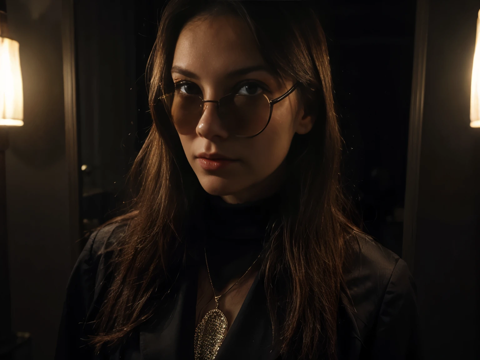 social maffia, bureau, Tinder photo of lawyer (Woman) with black sunglasses, extrem light from lamp, dark room