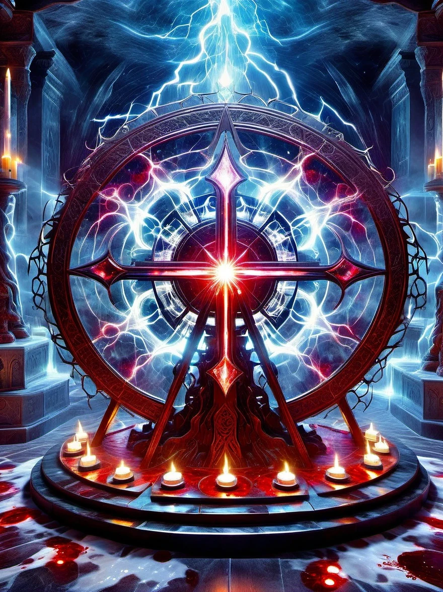 altar,blood spread,Weird round case,blood spatter,Pure cosmic energy transparent magic circle,Disc made of magical energy,The Wheel of Time and Space,aureola,electric wheel,Magically drawn polygons,Epic magic fantasy,Epic surrealism,Epic Thunder Magic,Epic ancient totem,Epic Mystical Magic Light,Epic dark magic,epic gothic style