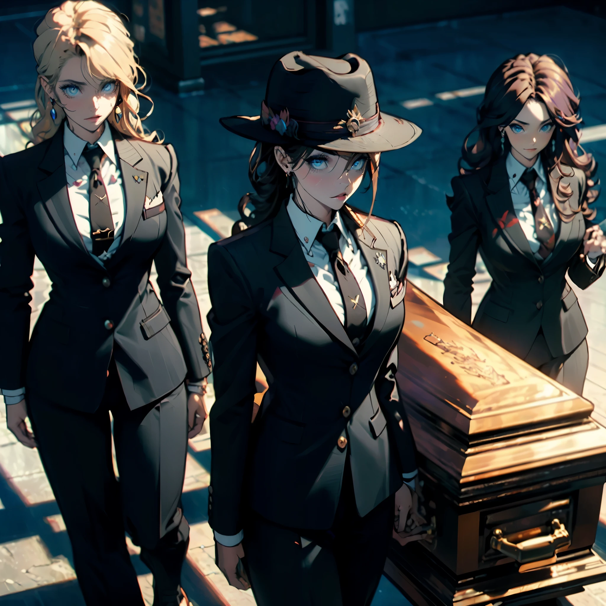 ((Best quality)), ((masterpiece)), (detailed:1.3), 3D ,HDR (High Dynamic Range) three women in suits carrying a casket with a number on it, funeral in jojo\'s bizarre adventure,danganronpa, casket, coffin comics, jojo anime style,anime, kda, dead, jjba, void, official fanart, danganronpa