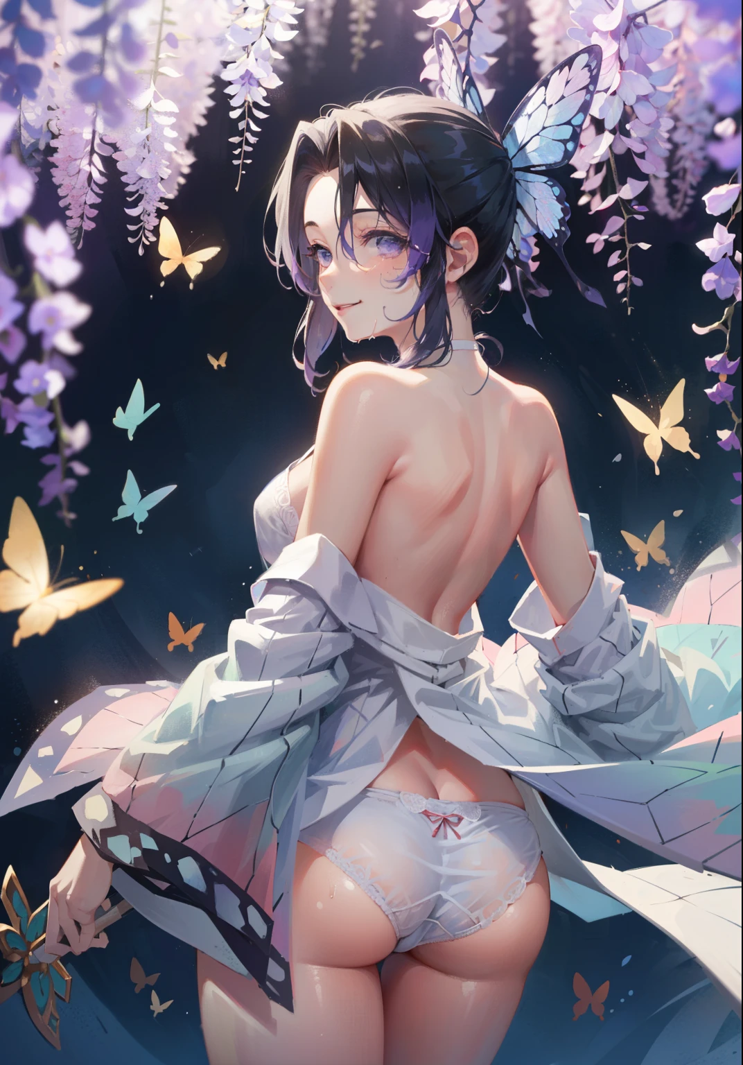 (Representative work: 1.2), (Best quality: 1.2), Solo, One girl, Shinobu little butterfly, happy smile, On face, Realistic eyes, Lilac eyes, Wet face, Black hair, (white panties: 1.4), Taisho era, rear view, shows ass