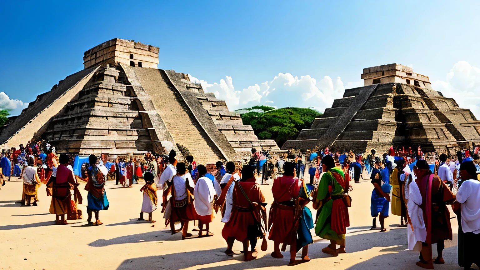 "Create an image of a bustling ancient Maya city in 300ad, serving as a center of culture, commerce, and religious worship. Show the city's grand plazas filled with people, including pilgrims, traders, and artisans, from across the region. Depict the city's temples and pyramids as focal points of religious worship, with priests conducting ceremonies and rituals. In the marketplace, show traders exchanging goods such as jade, obsidian, textiles, and ceramics, highlighting the city's role as a hub of trade and commerce. Include scenes of artisans creating intricate works of art, such as pottery, jewelry, and textiles, showcasing the city's cultural richness and artistic achievements. Capture the vibrant atmosphere of a thriving Maya city, as it attracts people from far and wide, contributing to its reputation as a center of culture and commerce in the ancient Maya world. People wearing time period appropriate clothing for 300ad