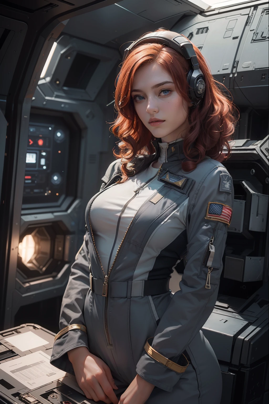 ((photorealism, high quality, detail)), (the whole body:1.10), ((it costs half a turn:1.10)) science fiction, Futuristic setting, Military, (girl pilot of the space fleet), (girl pilot of a spaceship), (slender girl 25 years old, thin figure:1.7, small breasts), attractive appearance, looks at us with seductive eyes, (sly face, mysterious smile), very beautiful, ((redheads)) thick curly hair (shoulder length:1.5), blue eyes, ((dark gray)) uniform, (((dark gray space pilot jumpsuit))), (medals:1.10), volumetric lighting, Sargent ISO1600 uniform, unreal engin 5, octane rendering, (2D: 1.2), digital painting, artstation, concept art, smooth, clear focus,