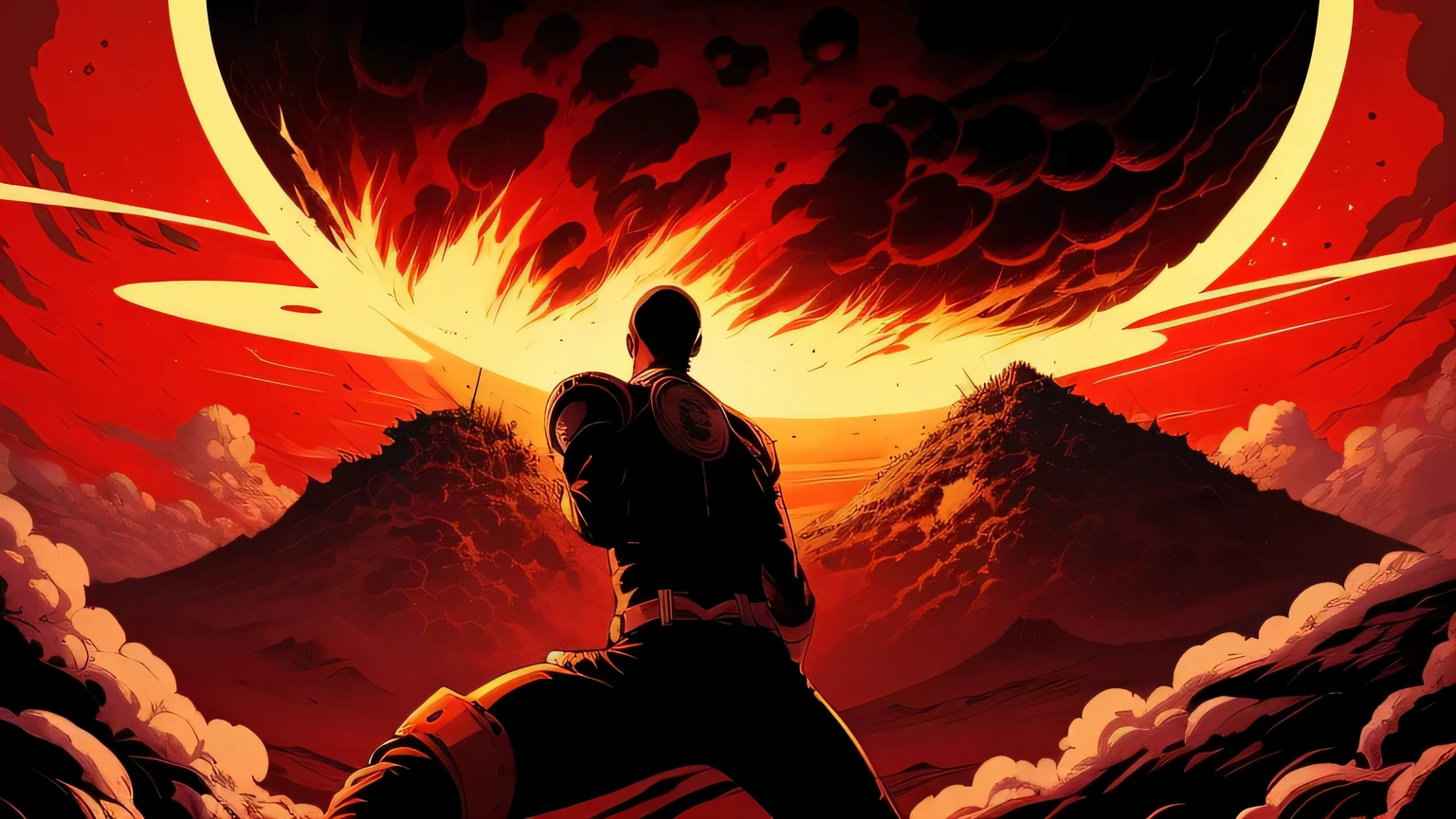 Epic fantasy concept,a poster for the movie,Inside was a man in a spacesuit, the explosion from akira,akira art style,American vector illustration,A huge UFO, akira japanese art, nuclear explosions paint sky, Nuclear explosion!!!, cosmic horror illustration,Black and red bicolor,The high-contrast,Strong chiaroscuro,Great and small,one-punch man